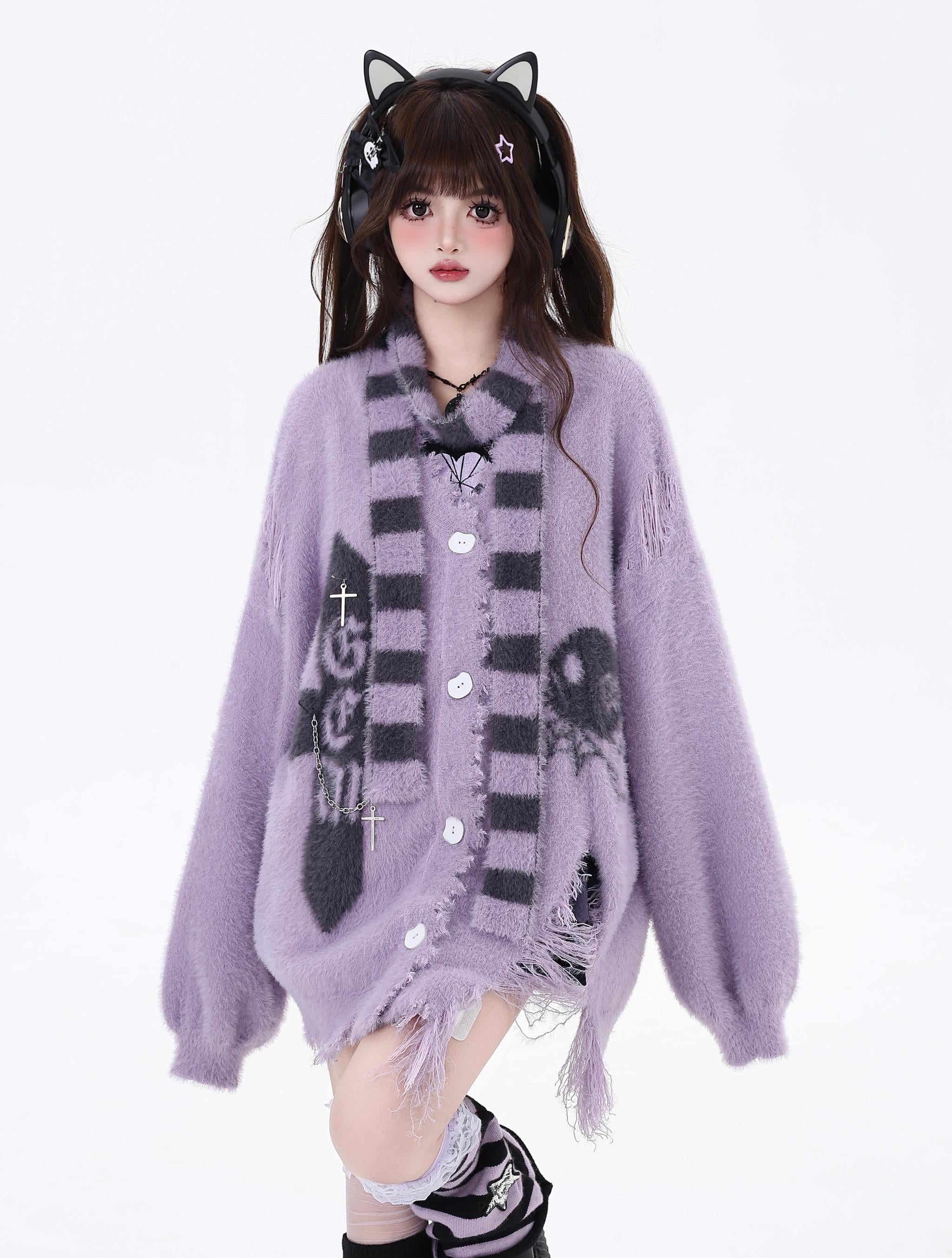 Jirai Kei cardigan care instructions and fabric composition details highlighting 52% nylon 48% core yarn blend and gentle washing maintenance requirements