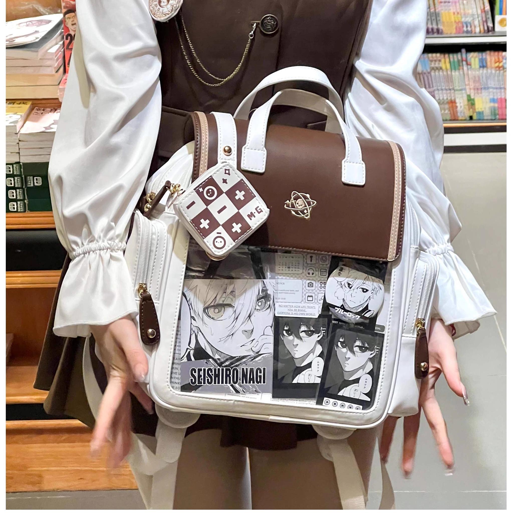 Itabag school backpack with organized merchandise display showing character collection arrangement