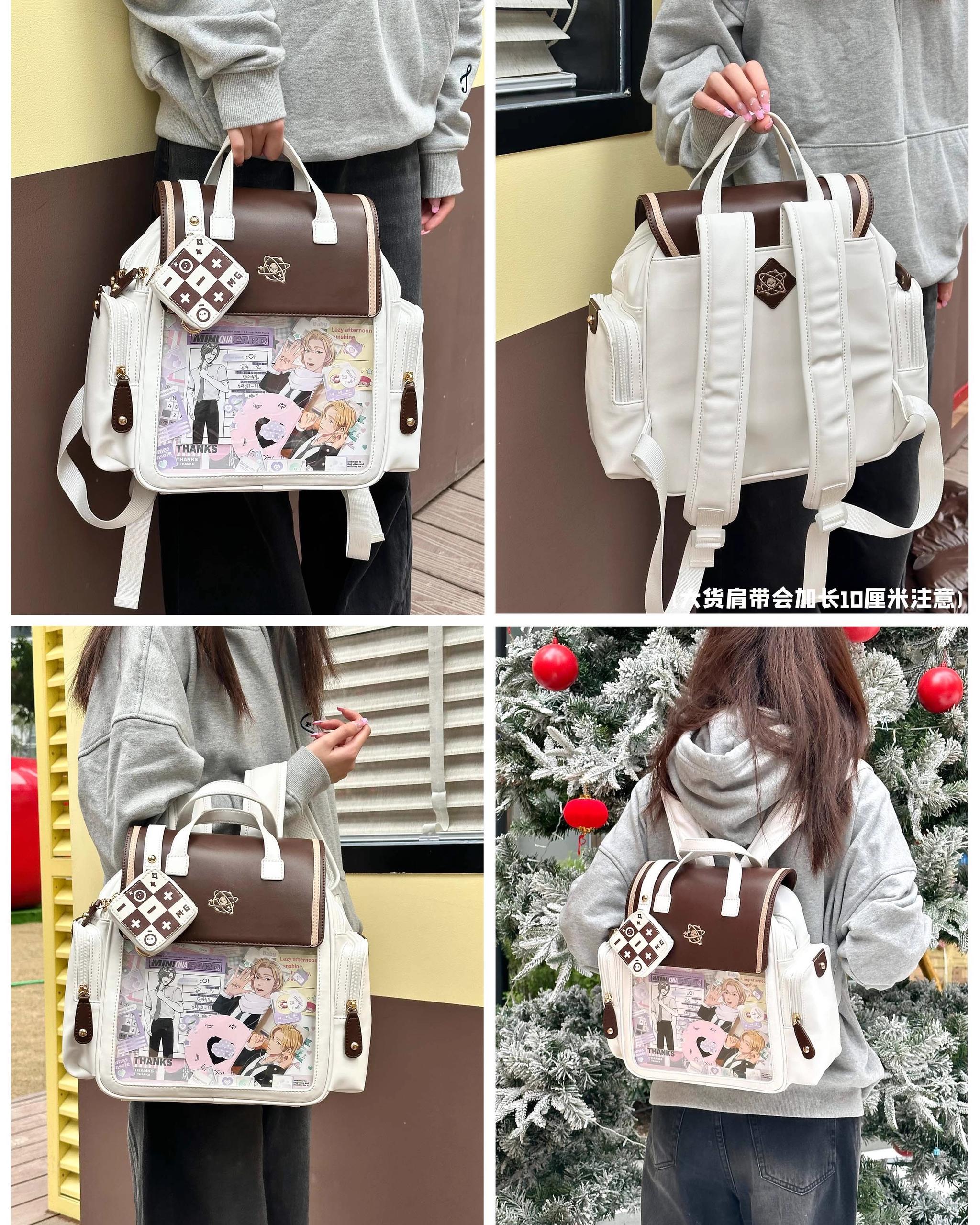 Jirai Kei anime merchandise itabag backpack with diverse collectible items in display window arrangement