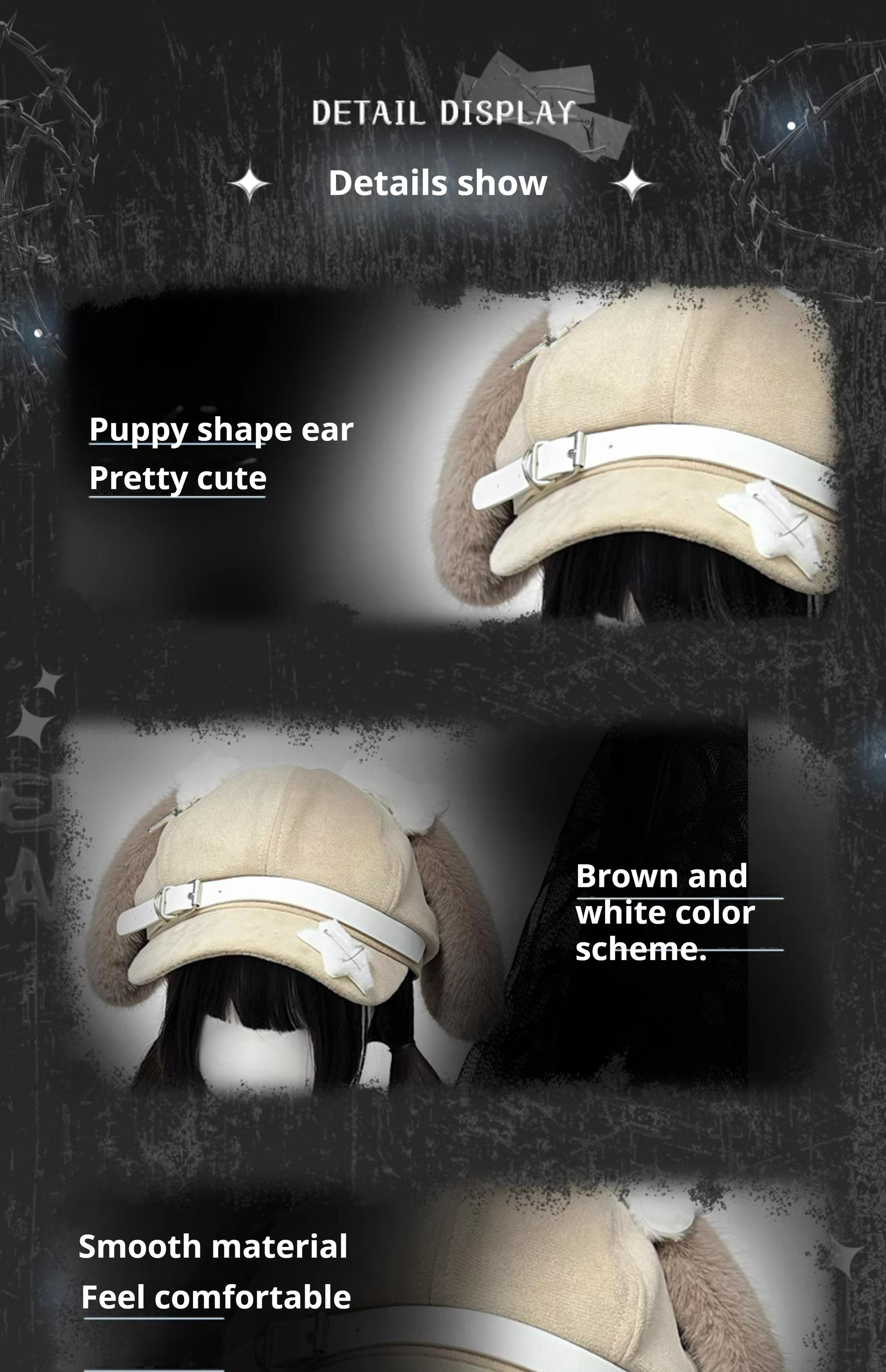 Brown puppy ear newsboy cap Jirai Kei kawaii hat leather buckle detail product showcase