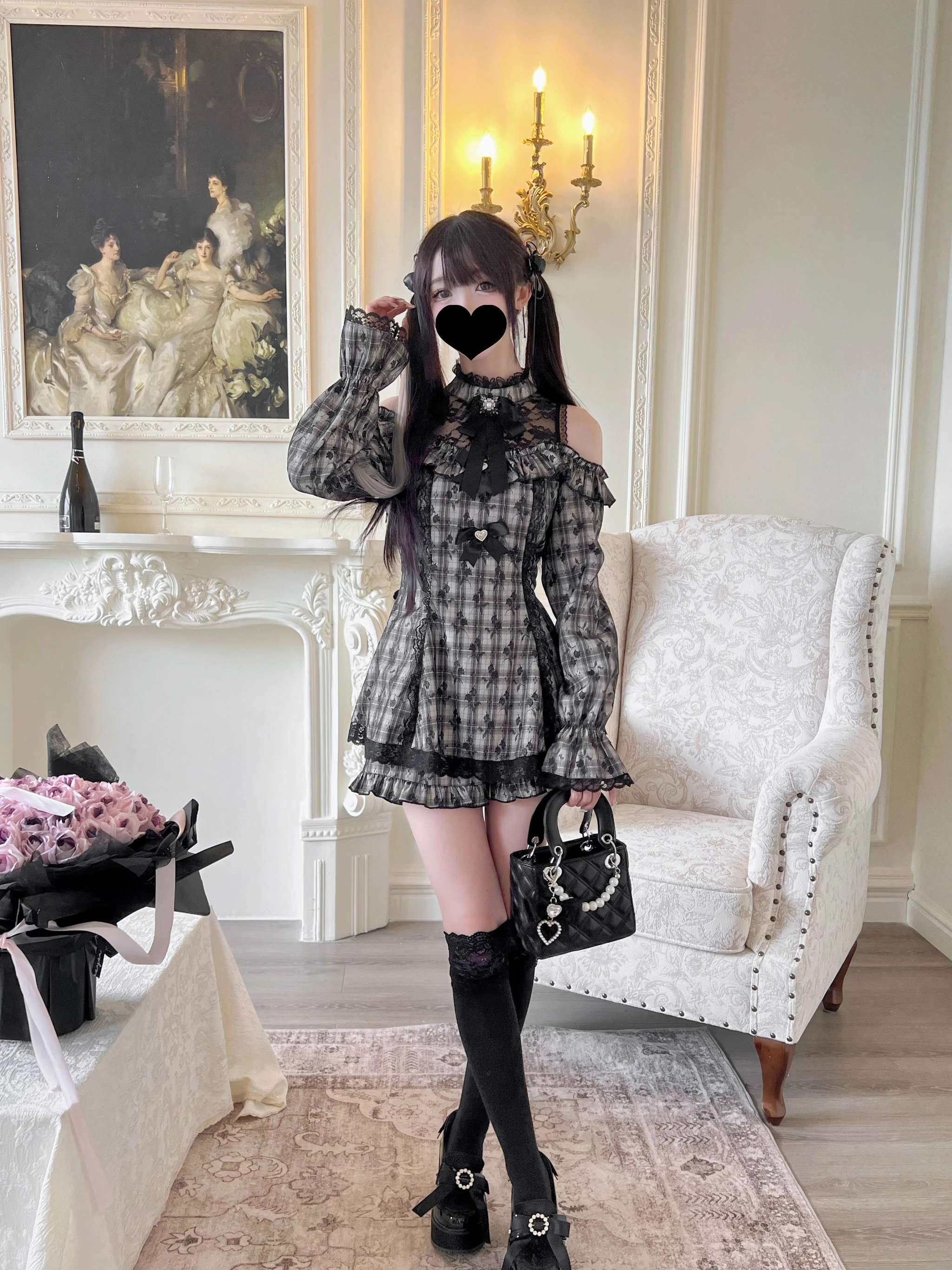 Off-shoulder Jirai Kei dress ruffled front panel and lace pleated design artistic styling detail view