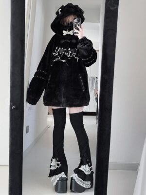 Black fluffy oversized hooded coat styled with lace-trimmed thigh-high socks and platform shoes, white bow collar and sleeve studs - full length mirror selfie