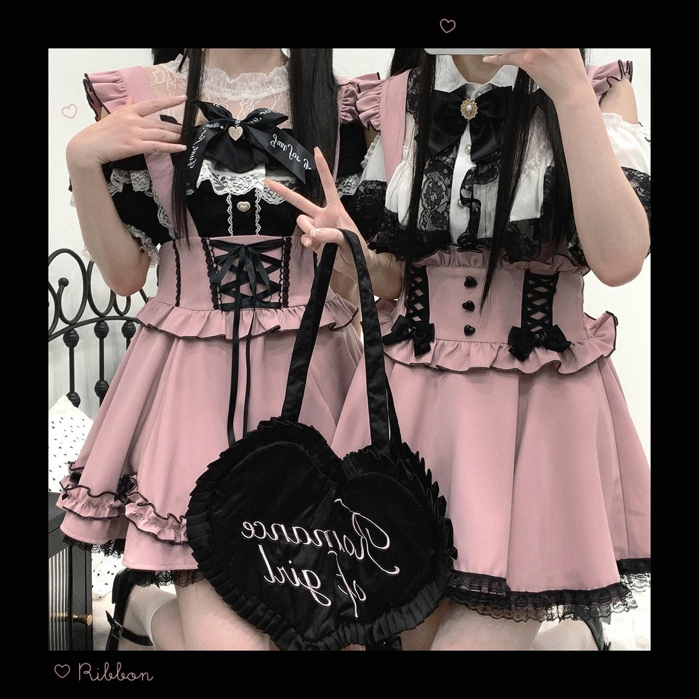 Jirai Kei lace blouse complete front outfit view, bow tie styling, romantic Japanese subculture fashion piece
