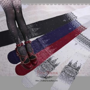 Black Gothic printed Lolita stockings with white cathedral and star print designs, lace top trim detail, worn with red Mary Jane shoes overhead flat lay display