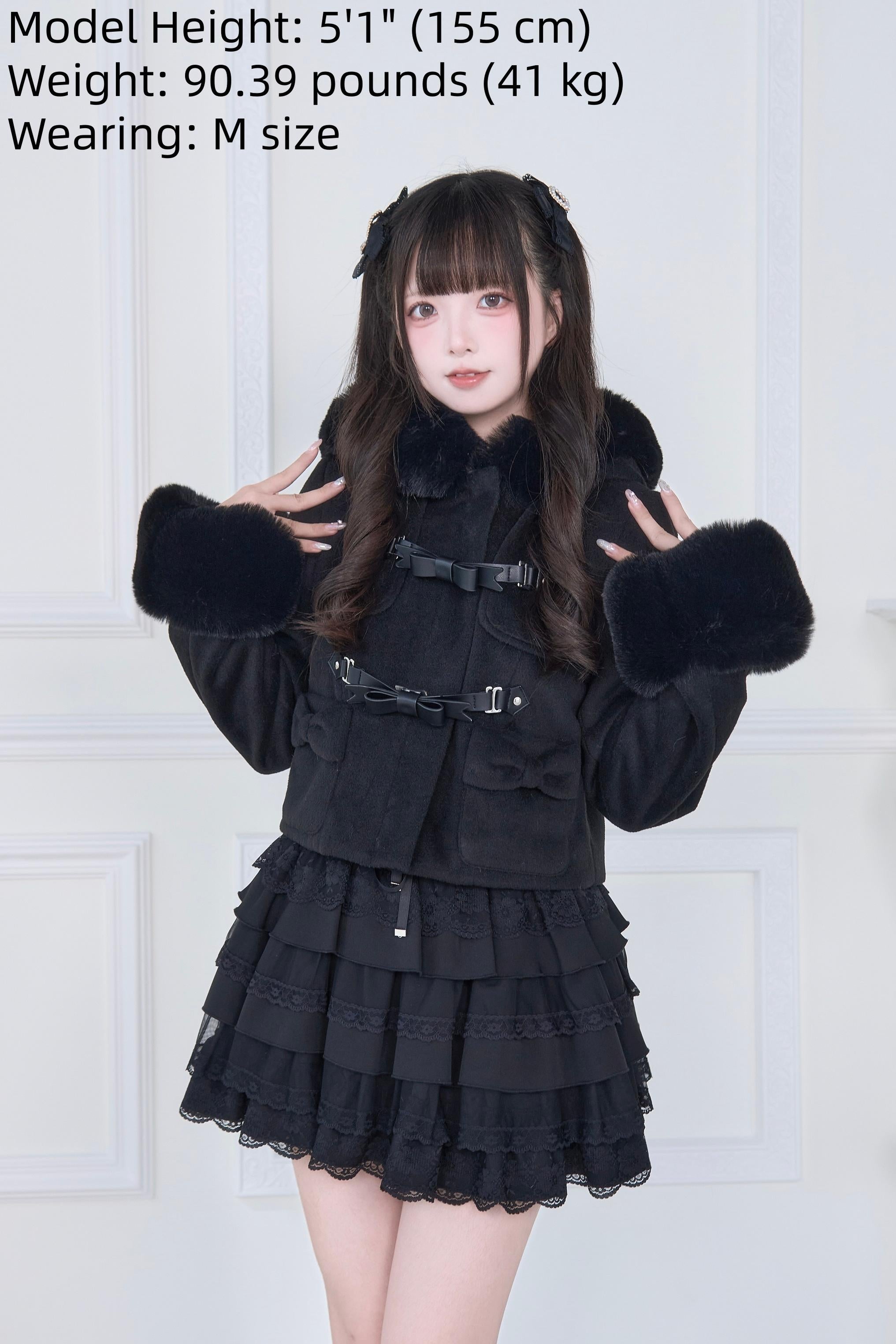 Multiple color options hooded rousangata coats displayed together, black pink and light apricot shades, showing full jirai kei coat collection color palette