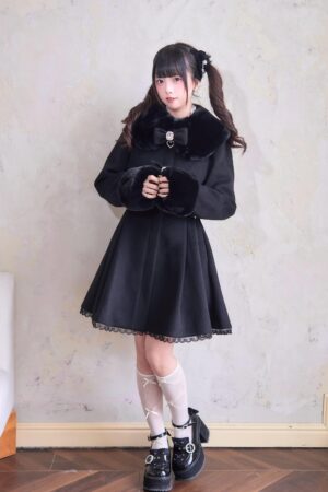 Black Jirai Kei Wool Winter Coat with Detachable Fur Collar and Lace Hem - Full Body Front Three-Quarter View