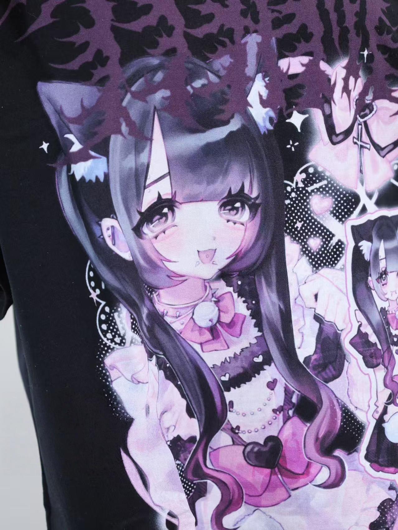 Close-up detail of anime maid graphic print with cat-ear silhouette, lace details, gothic purple font, pink and purple color palette, macro photography top-down view