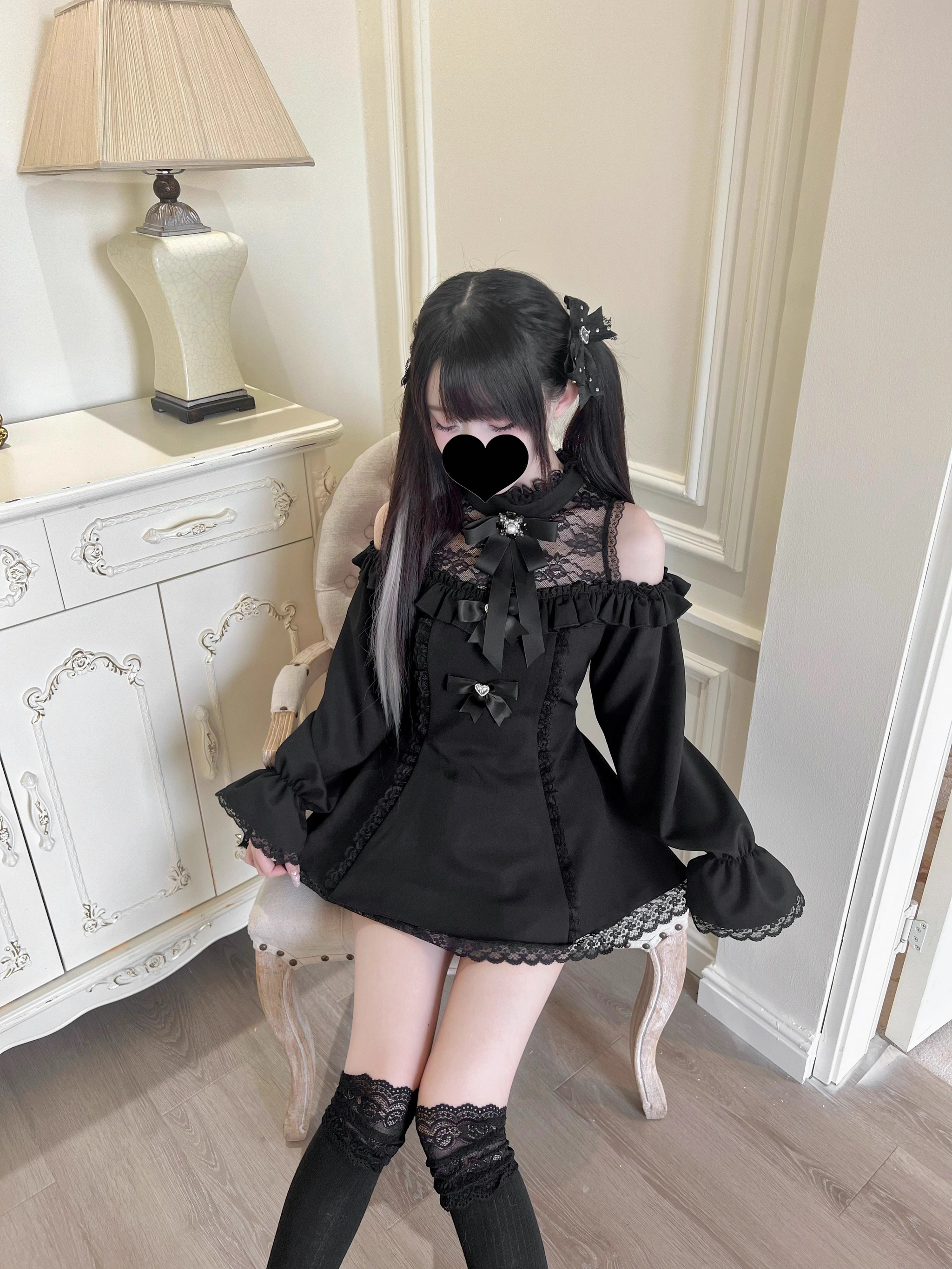 Jirai Kei off-shoulder dress polyester fabric quality and construction detail photography