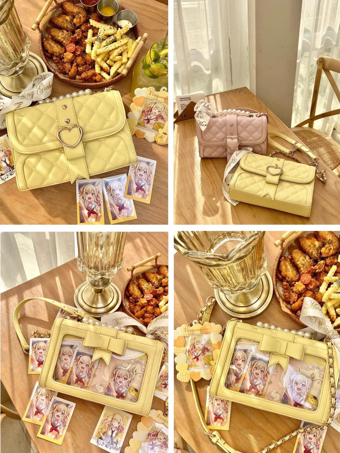 Solid color jirai kei quilted shoulder bags with heart-shaped lock and bow decoration on tabletop flat lay with aesthetic food styling