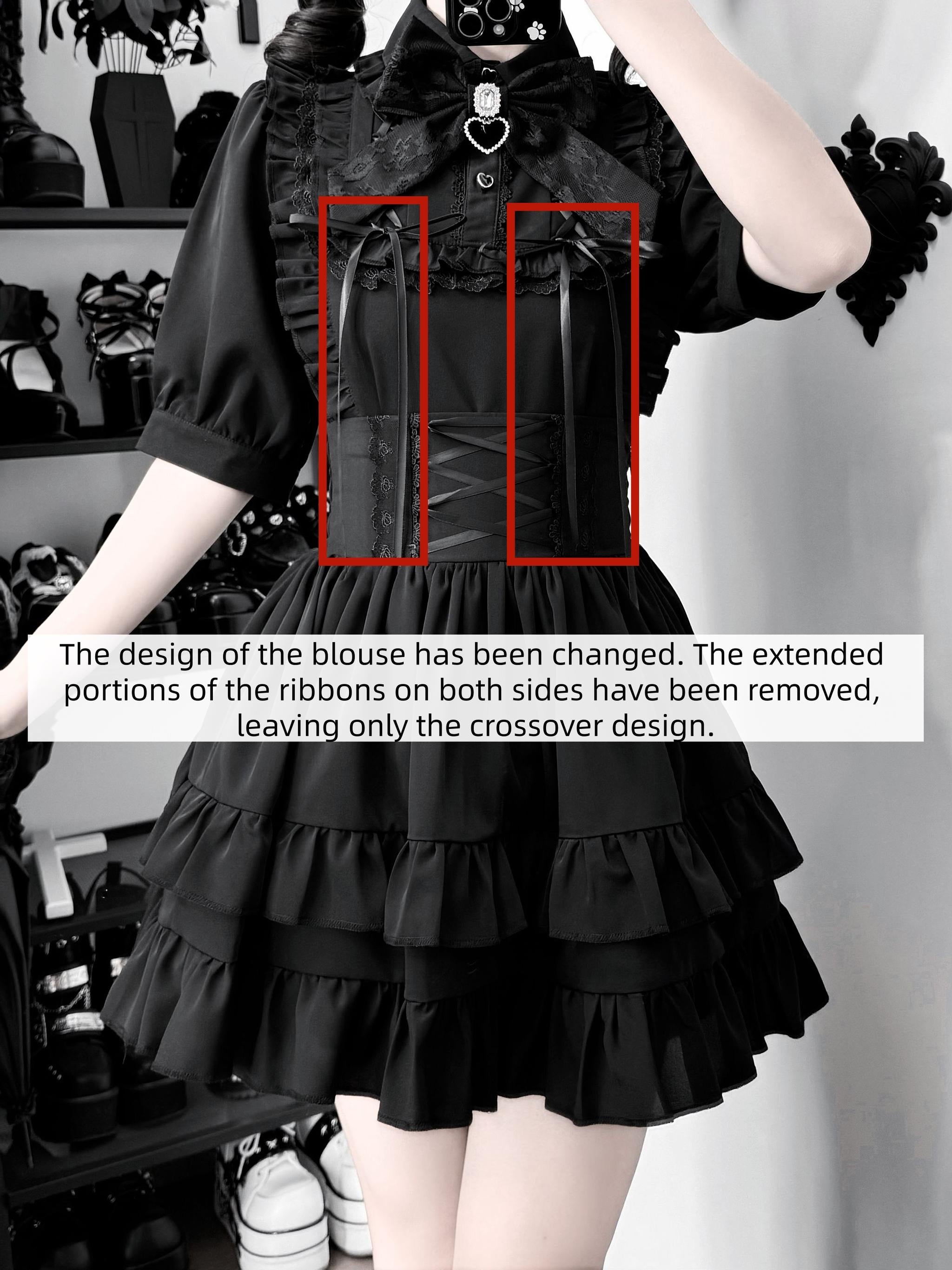 Black Jirai Kei two-piece gothic outfit set upper body torso shot featuring modified crossover ribbon trim and ruffled details