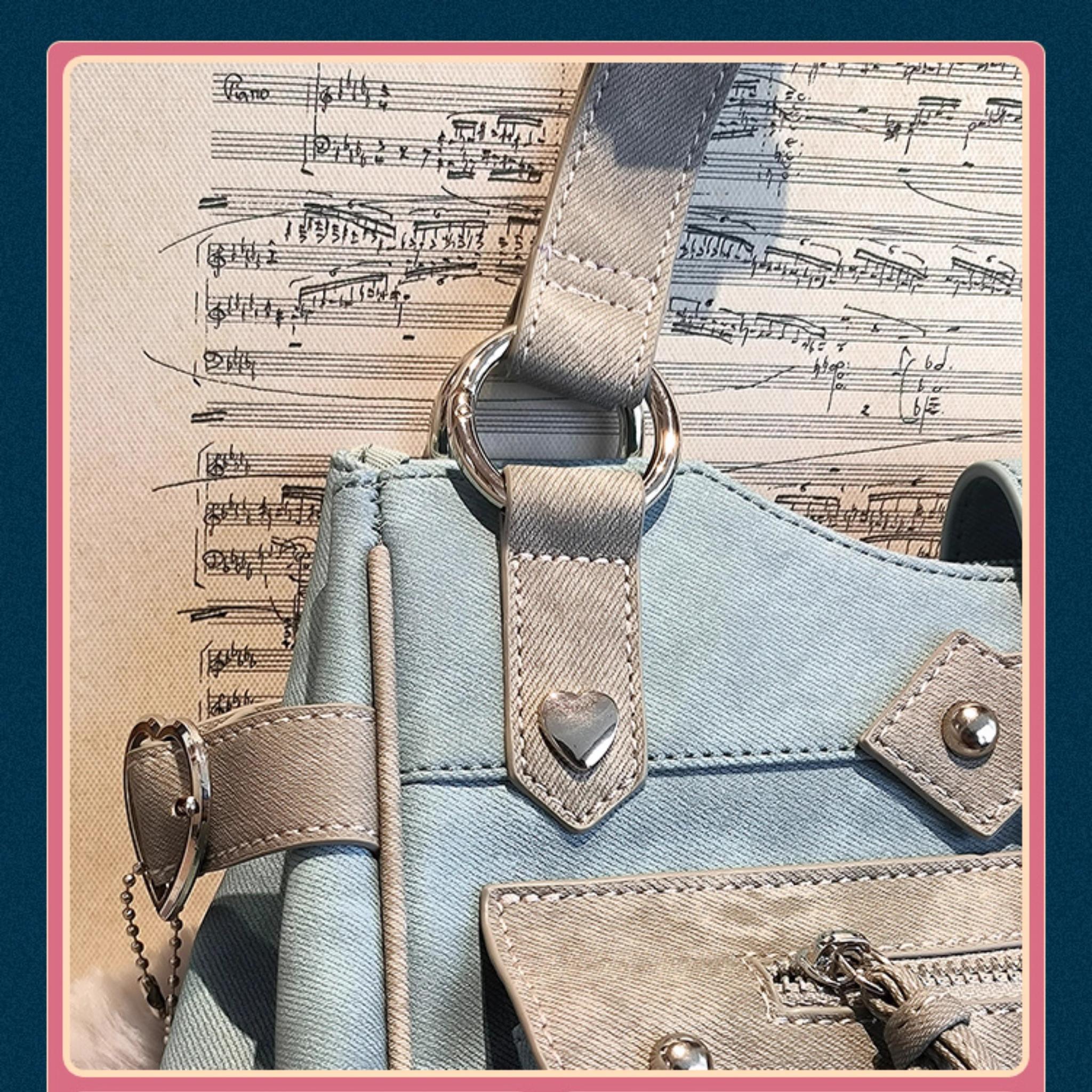Denim blue Jirai Kei ita shoulder bag color profile shot demonstrating rich denim blue finish and overall silhouette of crossbody tote design