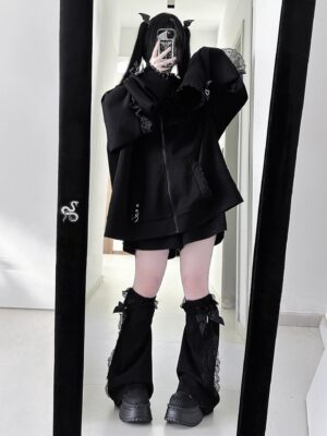 Black oversized Jirai Kei zip-up hoodie with rabbit ears and lace trims worn with matching ruffled leg warmers, full-body front mirror selfie with devil tail accessories