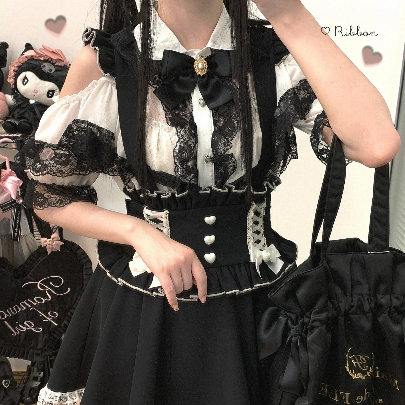 Jirai Kei lace cold-shoulder blouse front styling, complete look with petal collar and open shoulder design