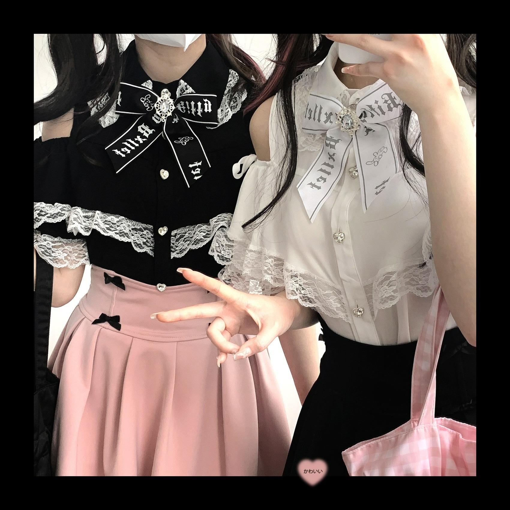 Lace off-shoulder Jirai Kei blouse with heart buttons displayed on model showing back view and sleeve construction