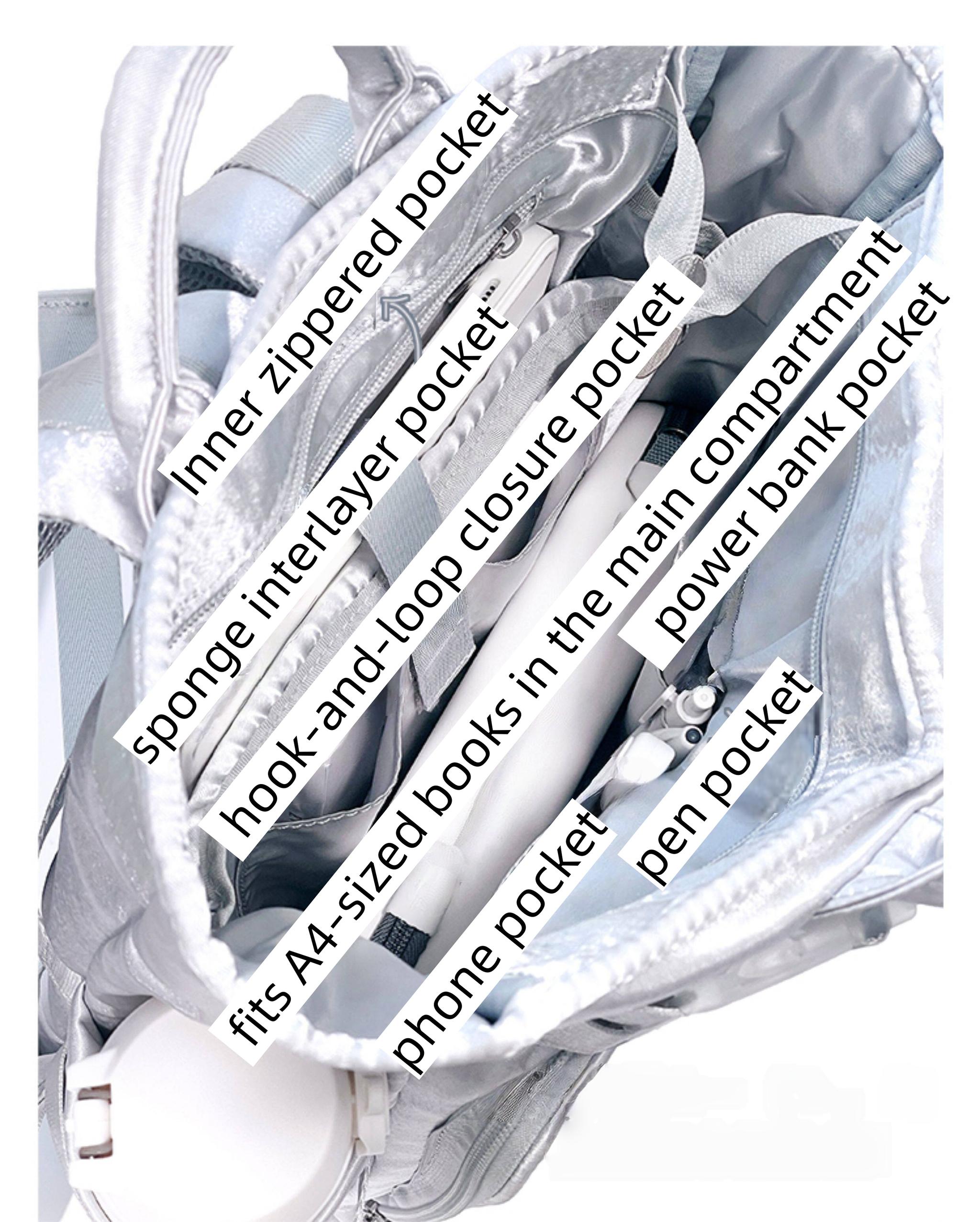 Ita backpack internal storage compartments and dedicated daily supply pockets shown in top-down close-up view on neutral background