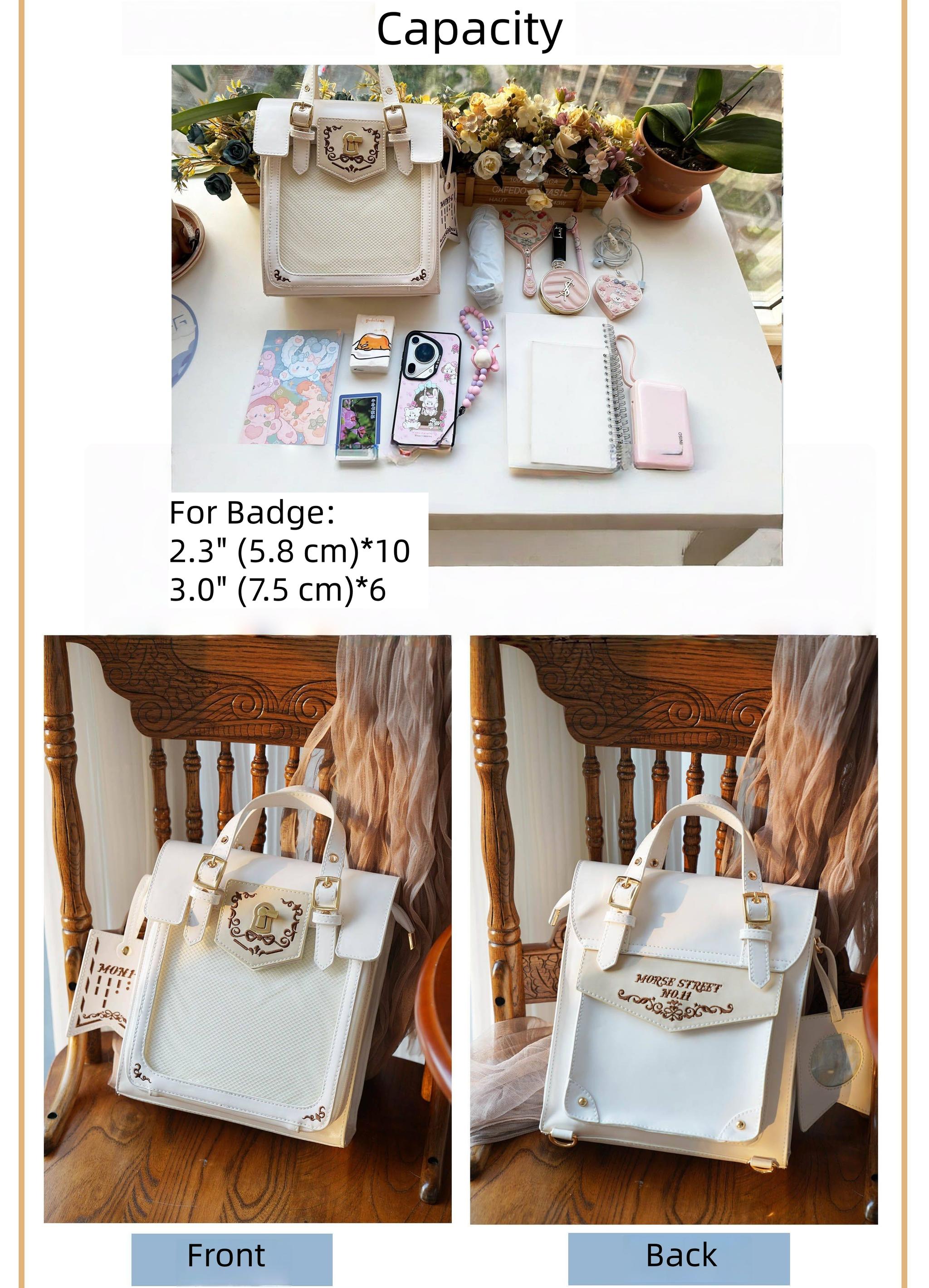 Minimalist white leather Jirai Kei ita satchel bag with gold hardware showcasing badge storage capacity and organizational features in studio photography setup
