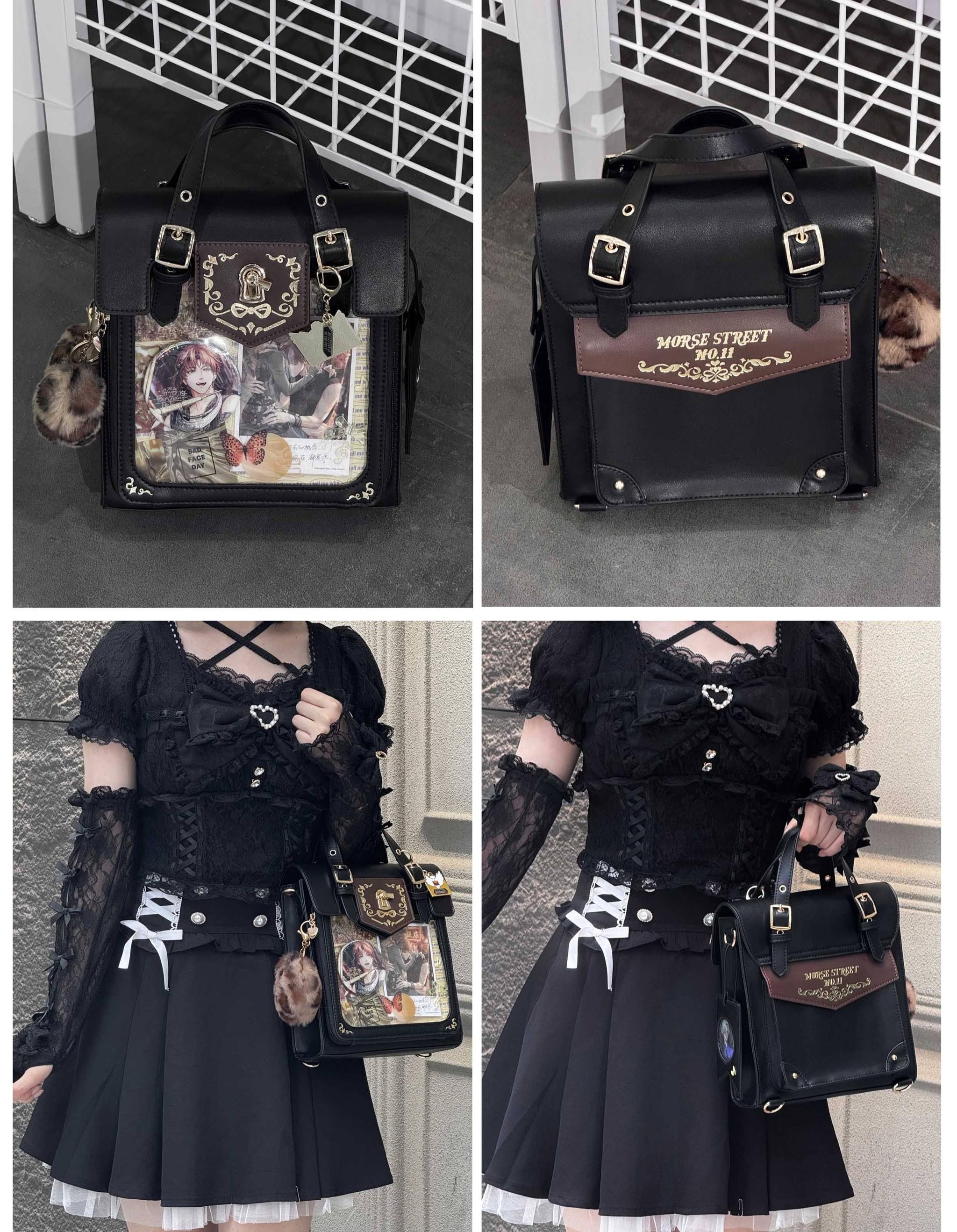 Mustard yellow vintage Jirai Kei ita satchel bag with clear display window and detachable mini charm accessory, bold statement color for alternative fashion enthusiasts