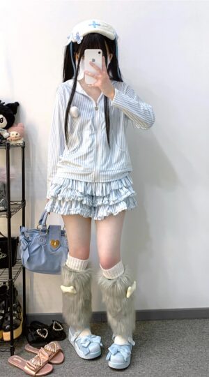 Light blue striped jirai kei hoodie and ruffle skirt full body mirror selfie styling with fuzzy leg warmers and cute accessories