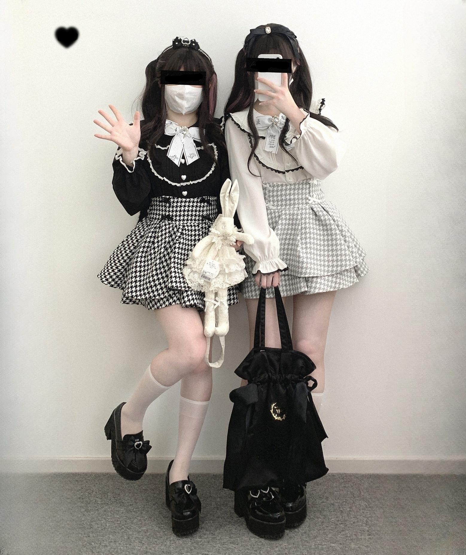 Jirai Kei long sleeve blouse ruffled collar three quarter front view with bunny plush accessories