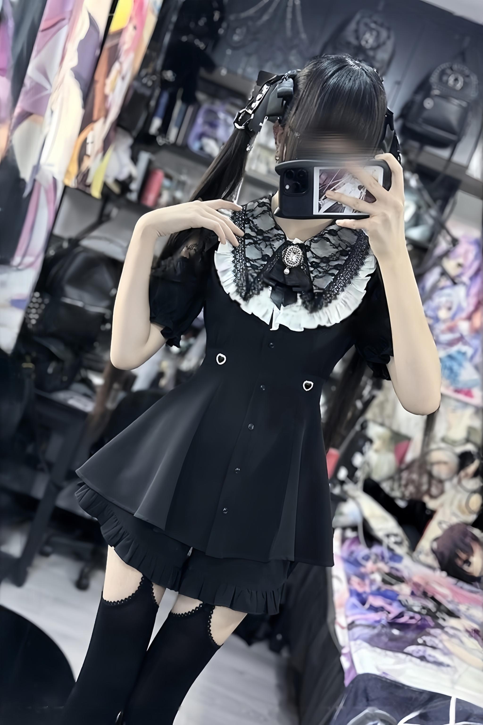Jirai Kei dress set featuring heart-shaped rhinestone waist accents and button-up front detail on elegant black silhouette