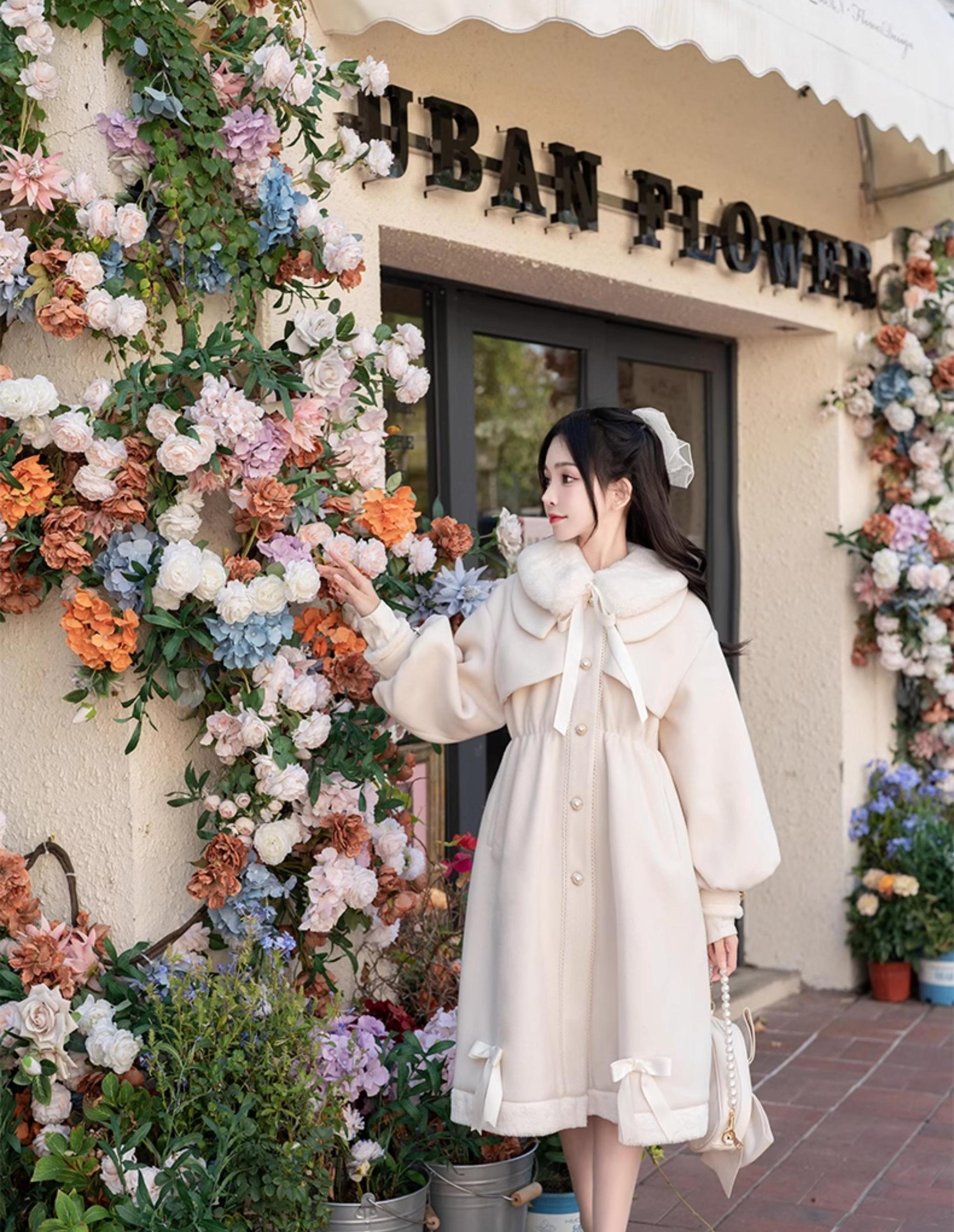 Beige Ryousangata Jirai Kei winter coat full-length showcase - neutral tone padded coat with peter pan collar, detachable plush collar, and romantic bow details