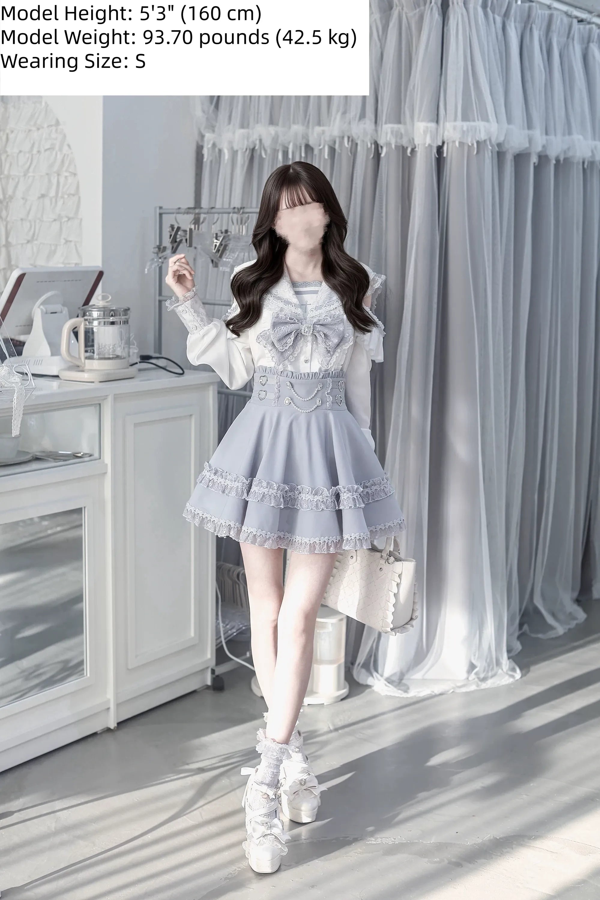 Full body front view of ryousangata jirai kei sailor collar set on petite model height 160cm weight 42-5kg size S demonstrating true-to-size fit and proportional styling