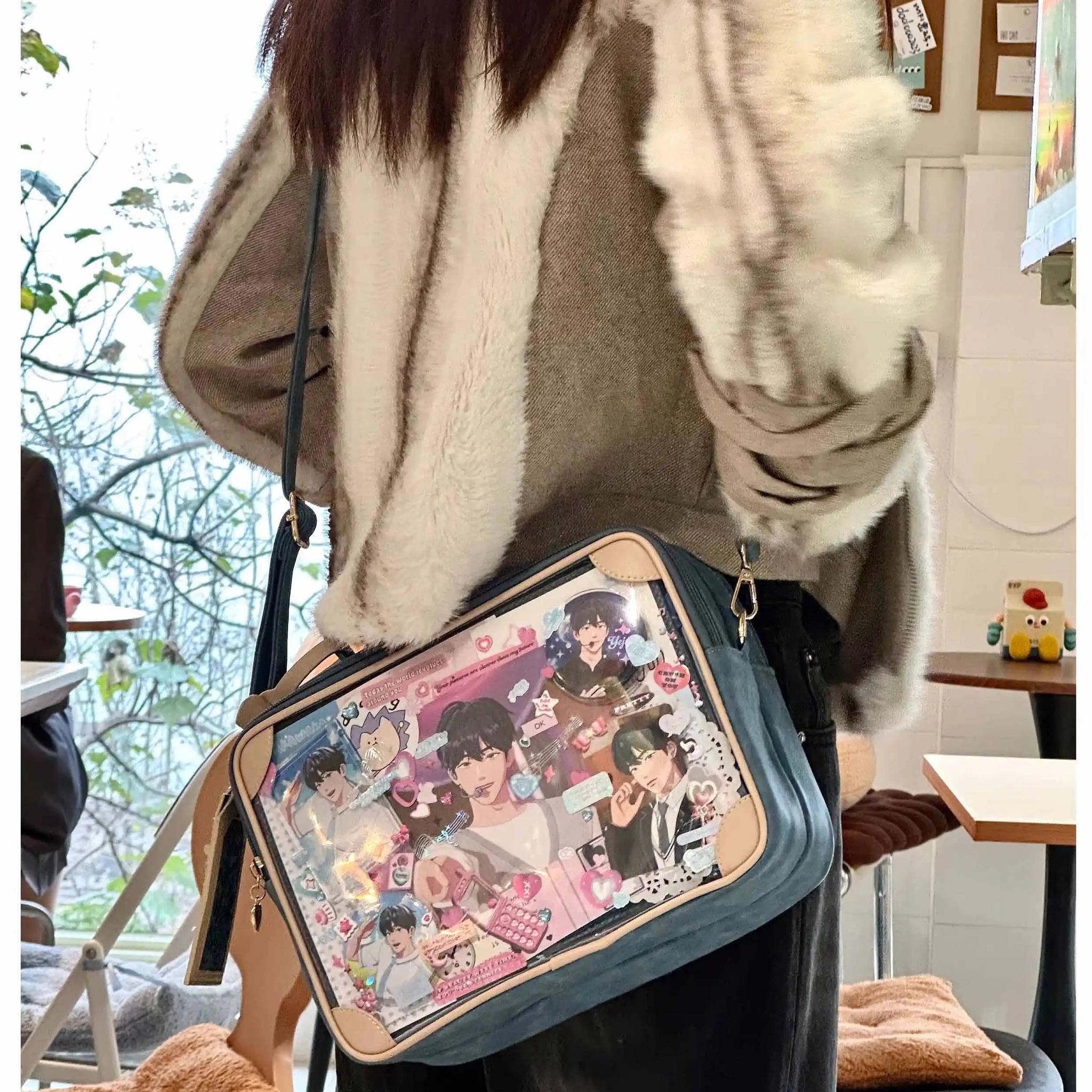 Dark brown jirai kei vintage square itabag earth tone variant full product view transparent display warm brown leather structured frame