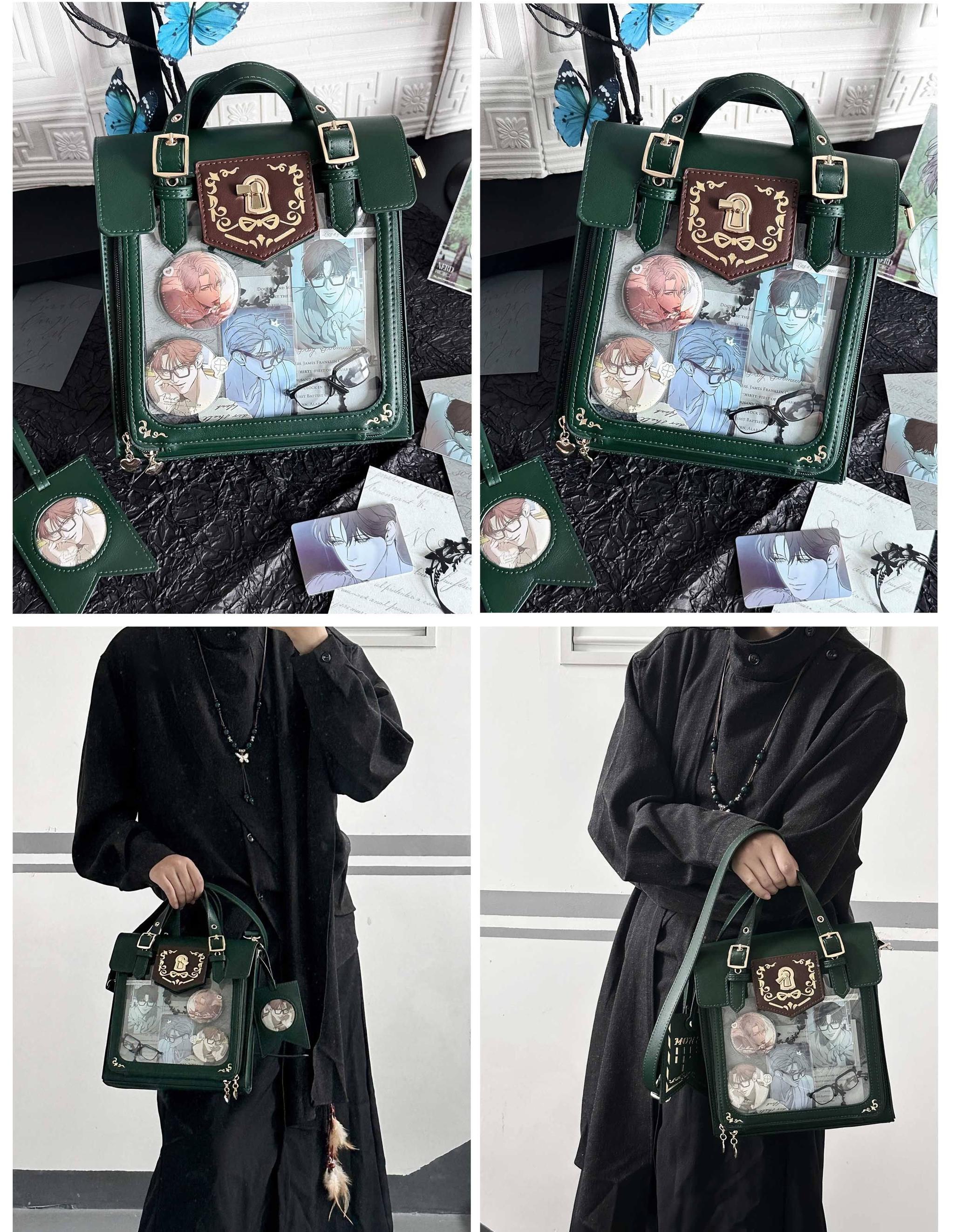 Dark blue vintage Jirai Kei ita satchel bag with clear window showcasing anime collectibles, sophisticated moody color palette for anime fan everyday wear