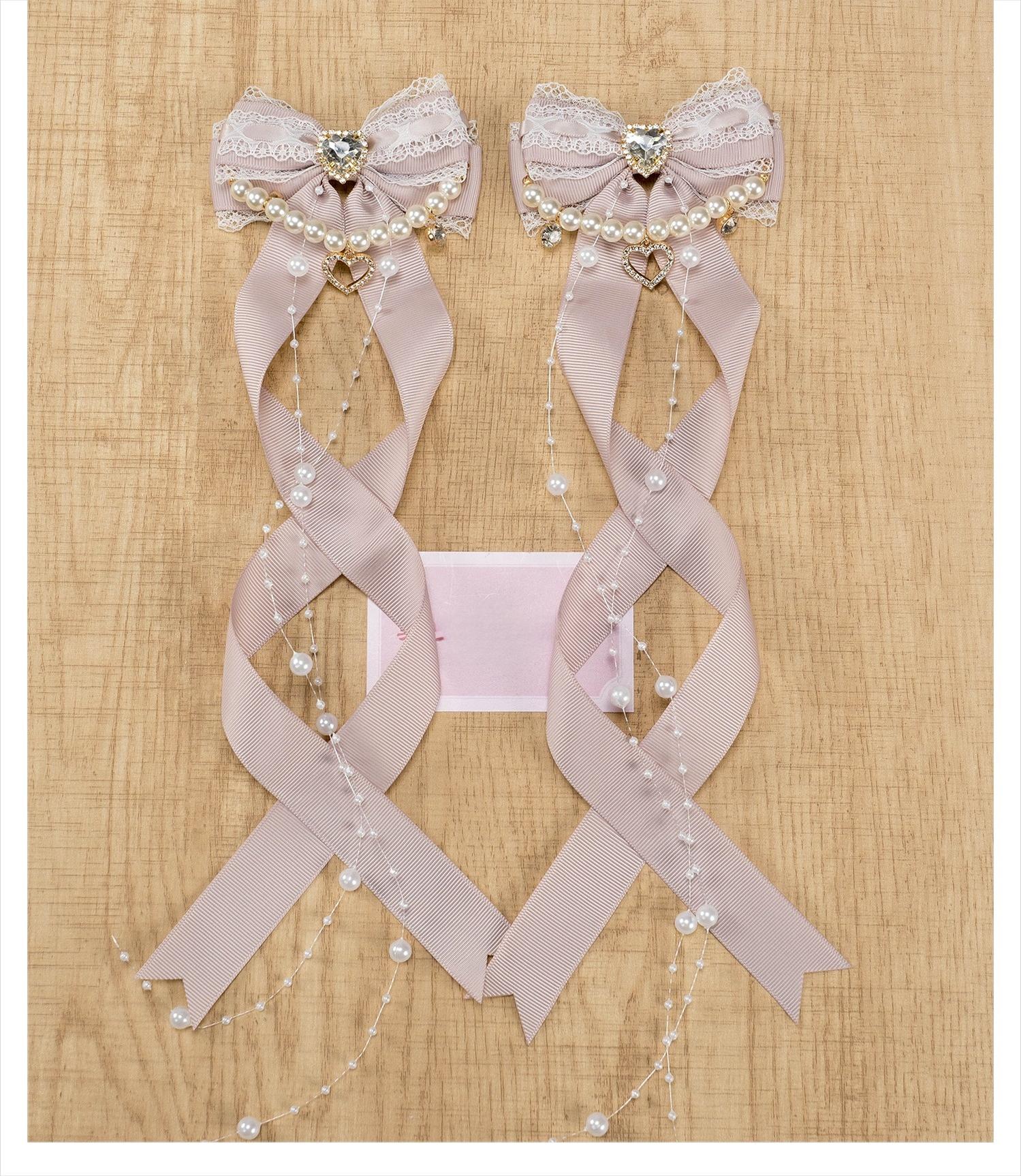Jirai Kei gray-pink ribbon bow hair clips with pearl chain accents lace trim and rhinestone embellishment