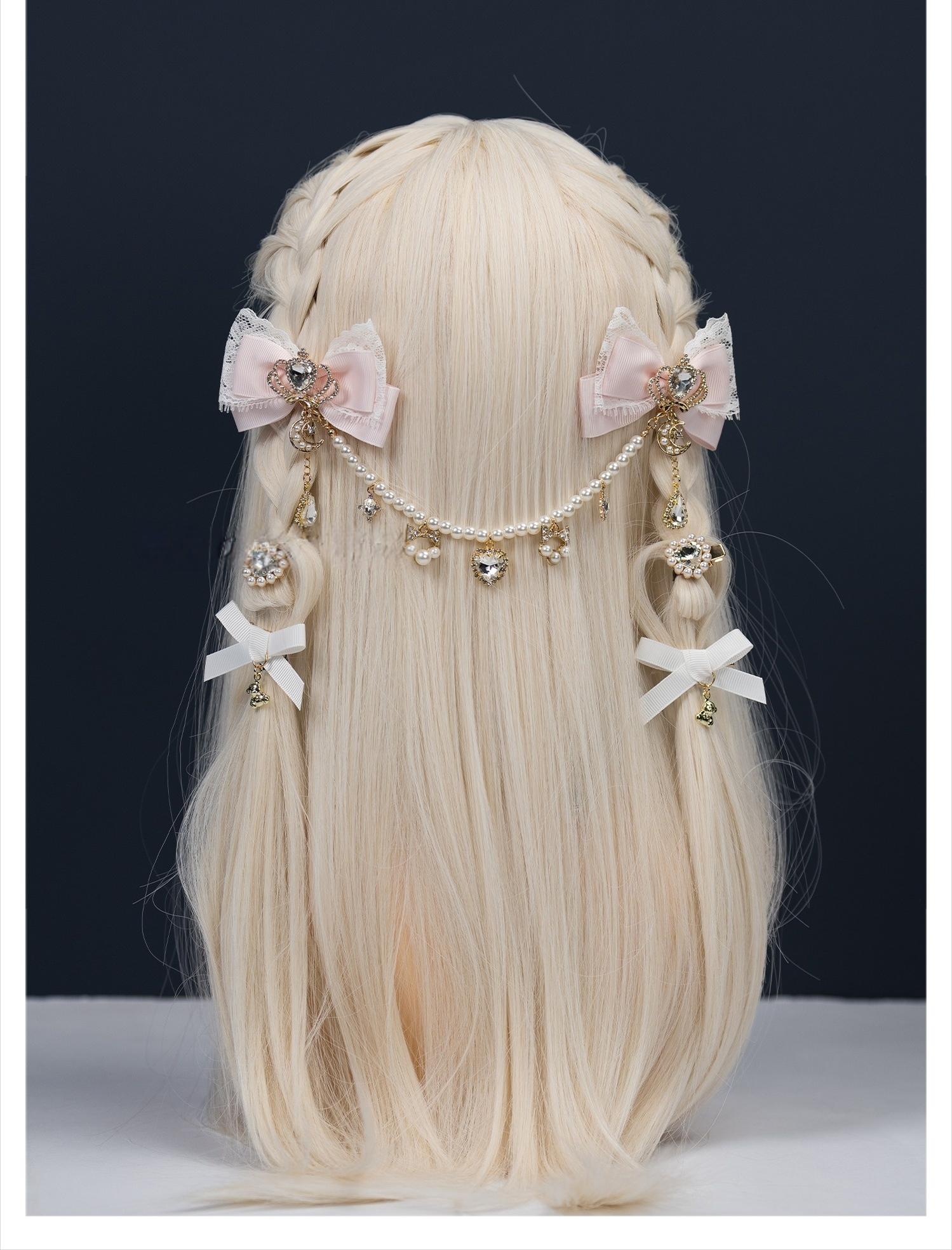 Pastel pink Jirai Kei hair clips with white mini bows pearl chain forehead accessory delicate lace ribbon detail