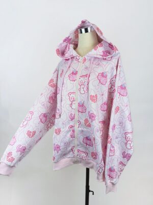 Pink bear ear zip-up yami kawaii hooded jacket with cartoon heart and bear prints, front view on dress form, jirai kei style aesthetic