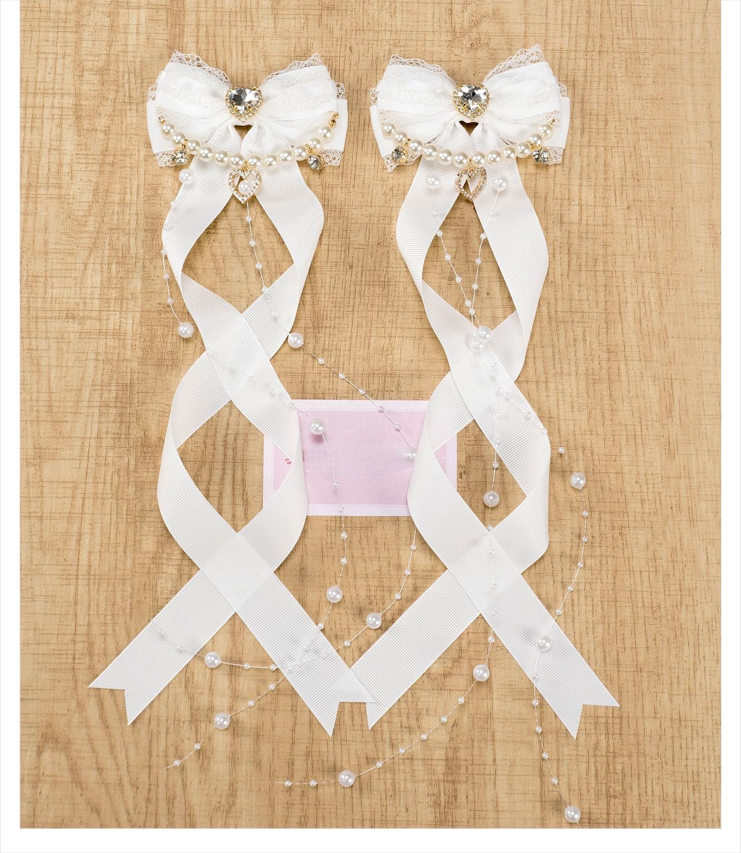 Jirai Kei white ribbon bow hair clips with pearl chain accents and lace trim detail shown from multiple angles