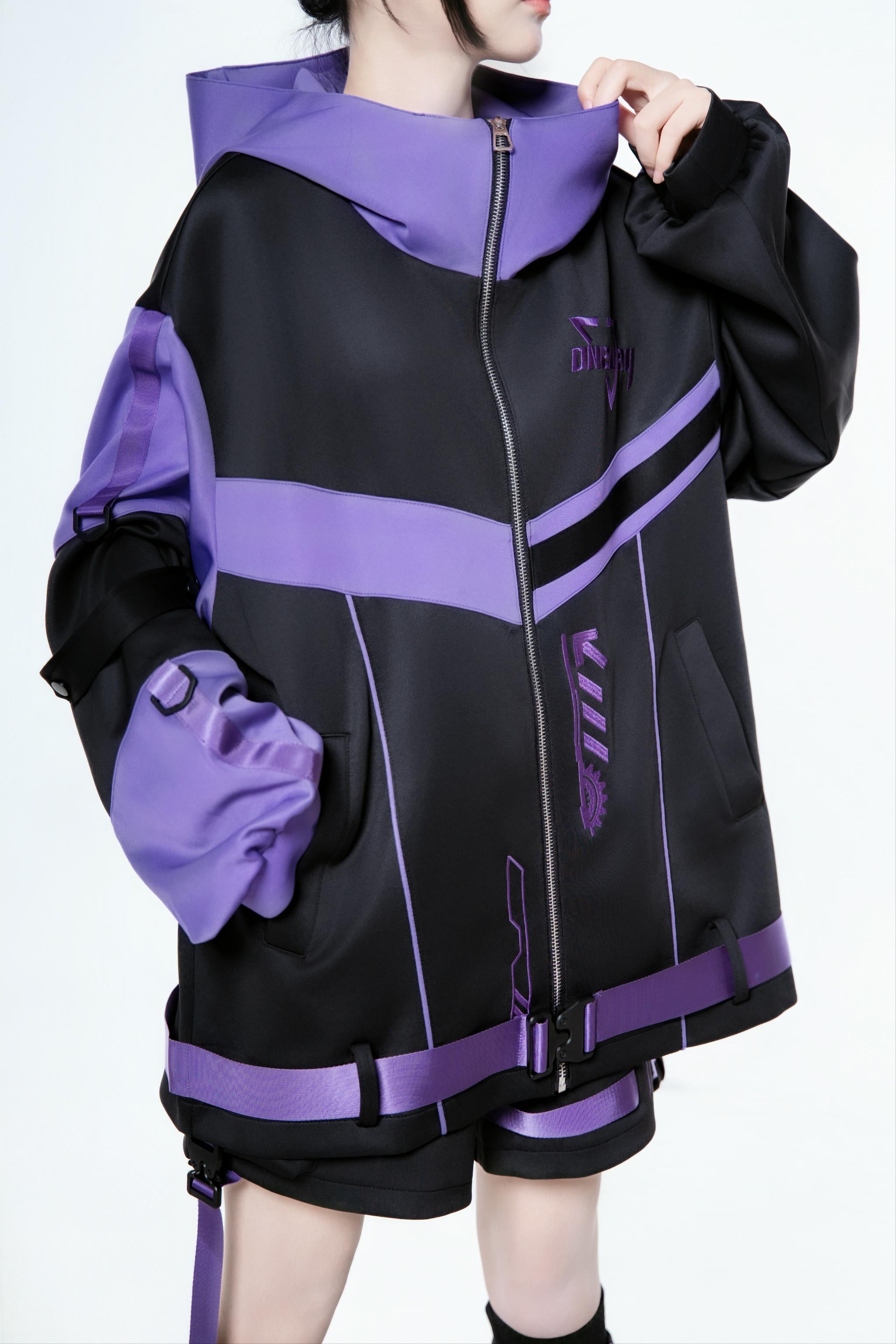 Black and purple oversized Jirai Kei jacket standalone - showing hood embroidery and detachable bottom strap features