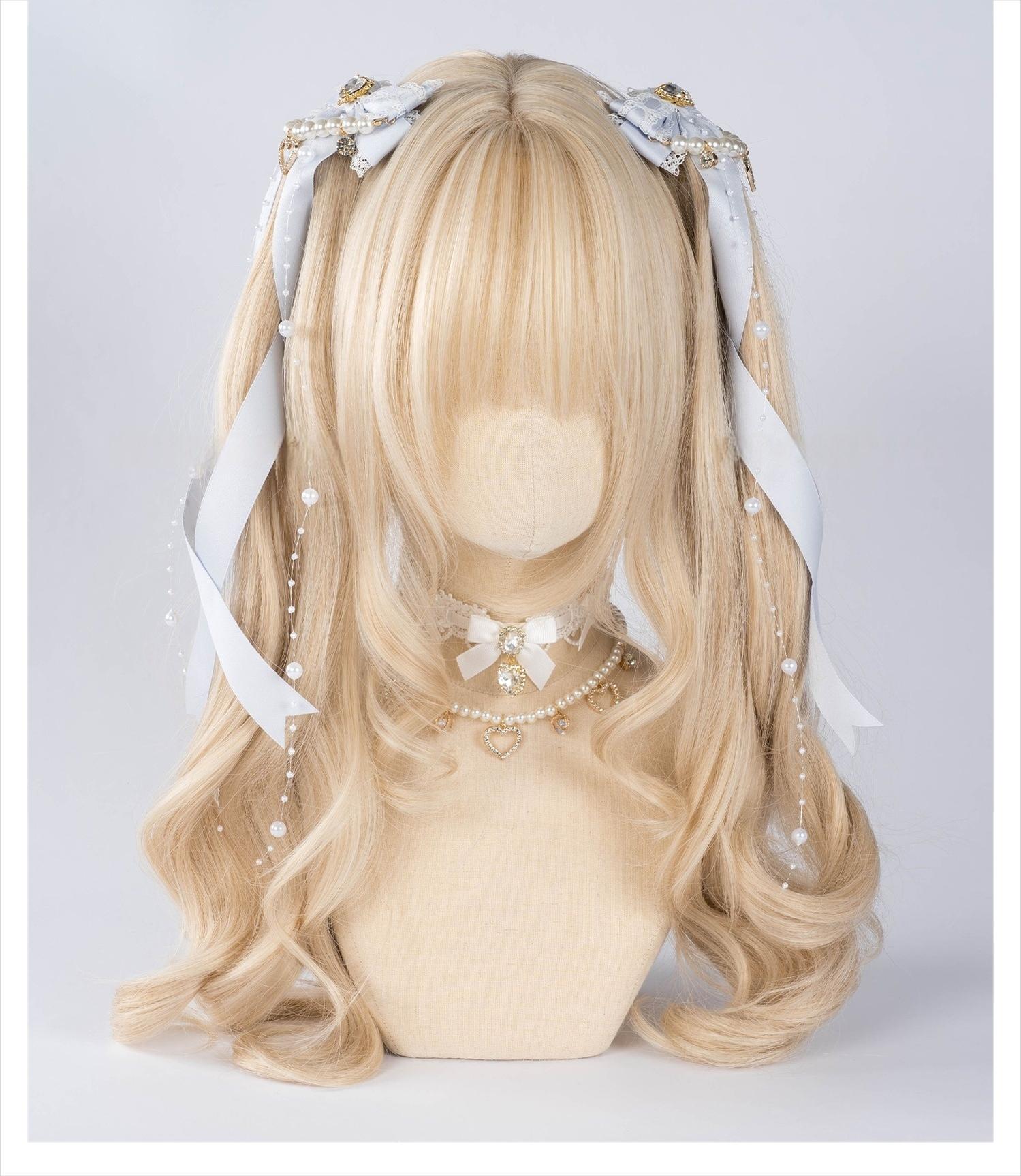 Jirai Kei gray-blue bow hair clips with pearl chain and simple pearl choker accessory worn on mannequin head front flat view
