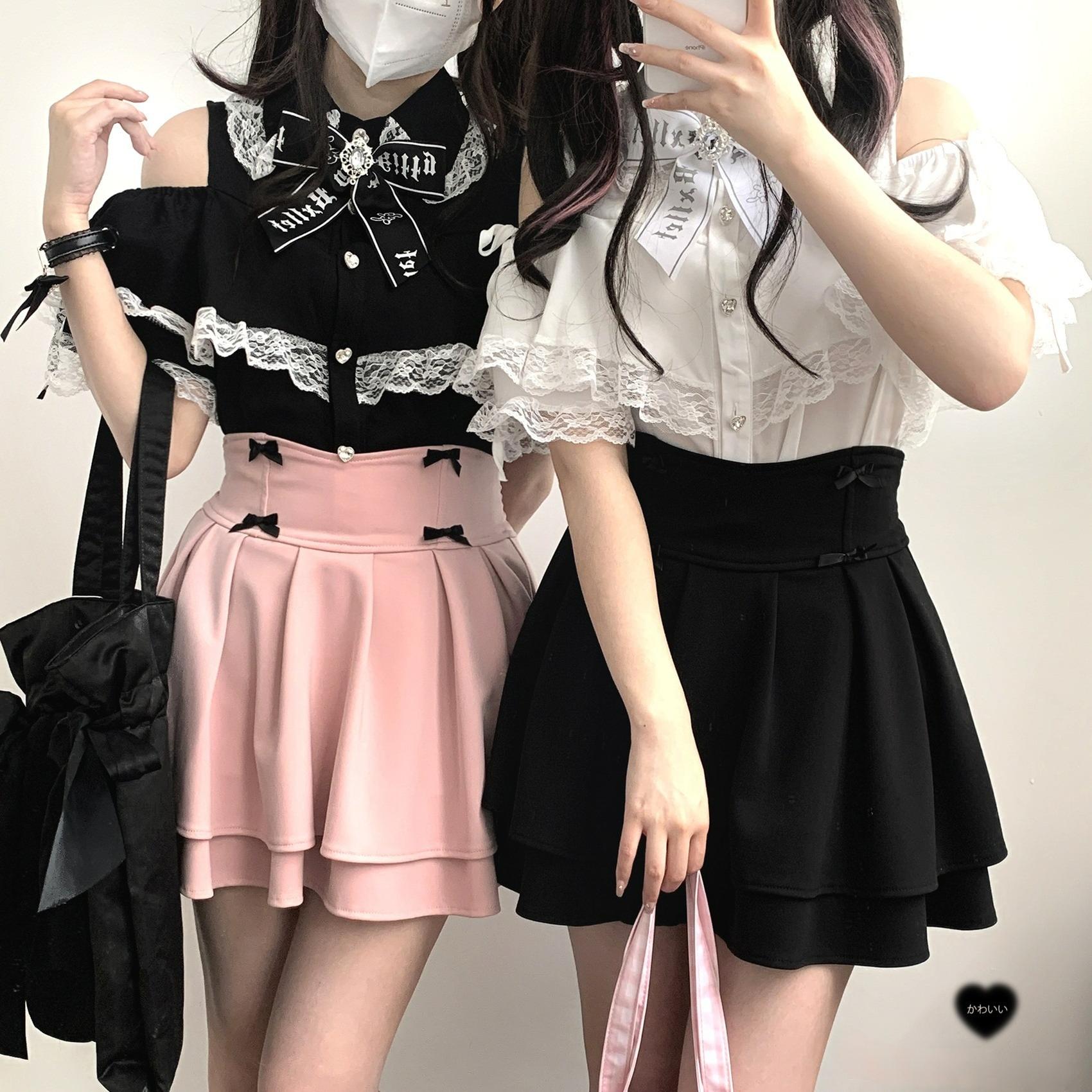 Pure black and white lace off-shoulder Jirai Kei blouses showing color contrast and design versatility options