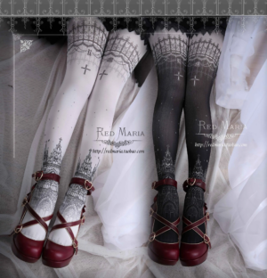 Gothic Lolita printed tights with church and cross motifs featuring dual color variants and lace thigh trim, paired with red cross-strap Lolita shoes for authentic coordinate styling