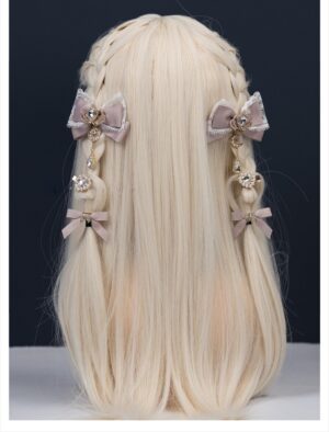 Pastel pink Jirai Kei bow hair clips set back view with mini matching ribbon bows and delicate lace details on light blonde wig