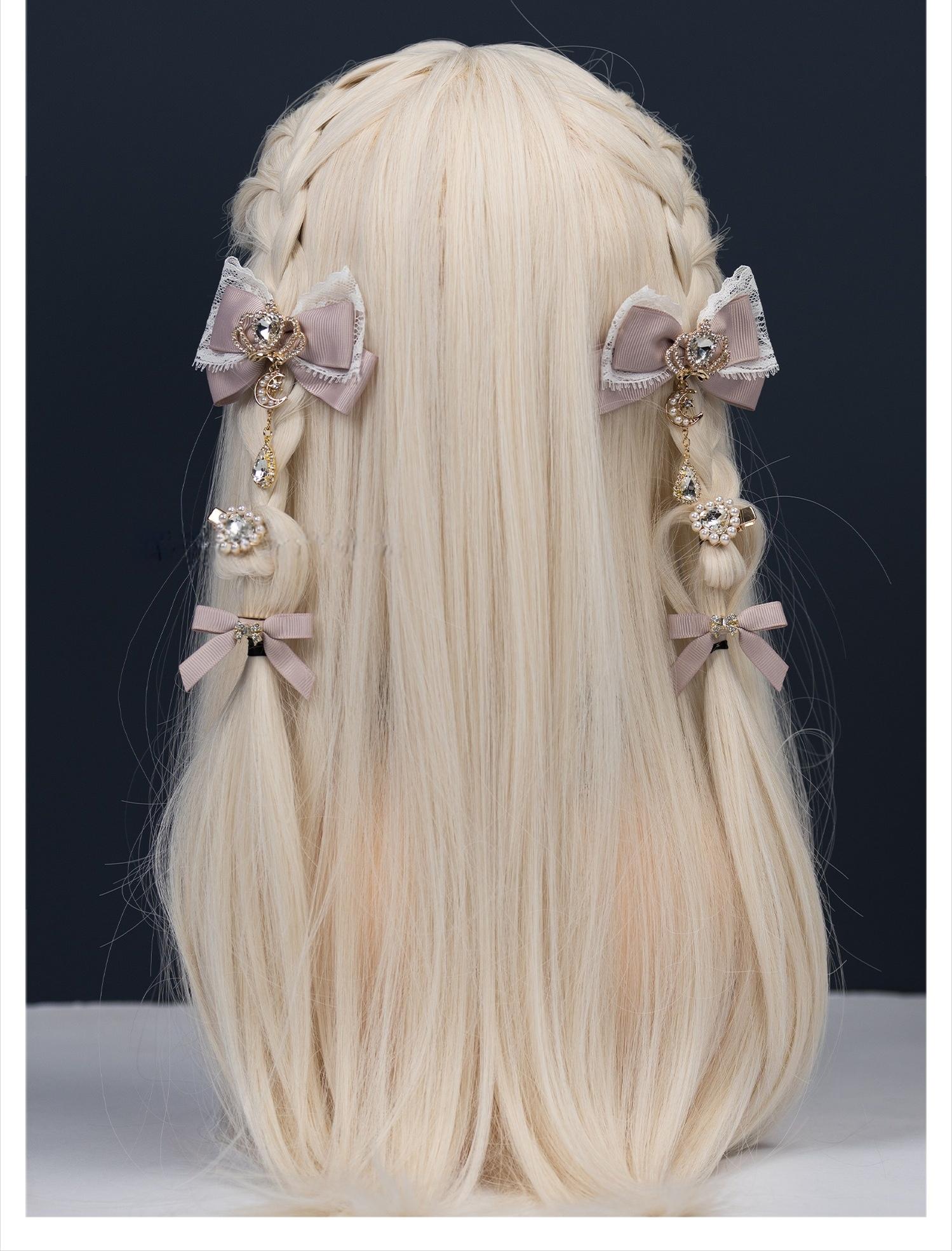 Pastel pink Jirai Kei bow hair clips set back view with mini matching ribbon bows and delicate lace details on light blonde wig
