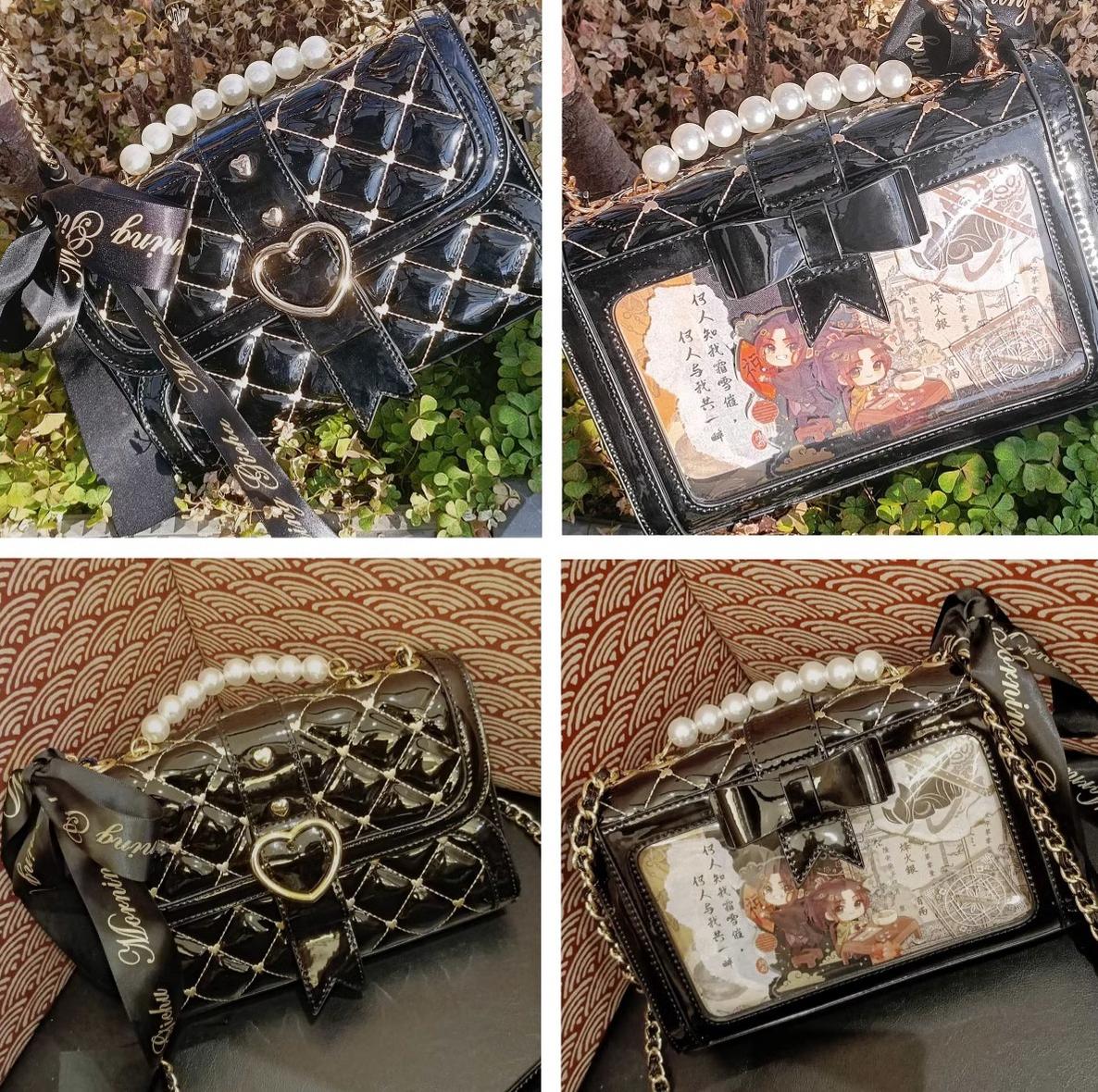 Matte finish jirai kei ita bag in black or white showing non-glossy surface texture and rhombus quilt embossing