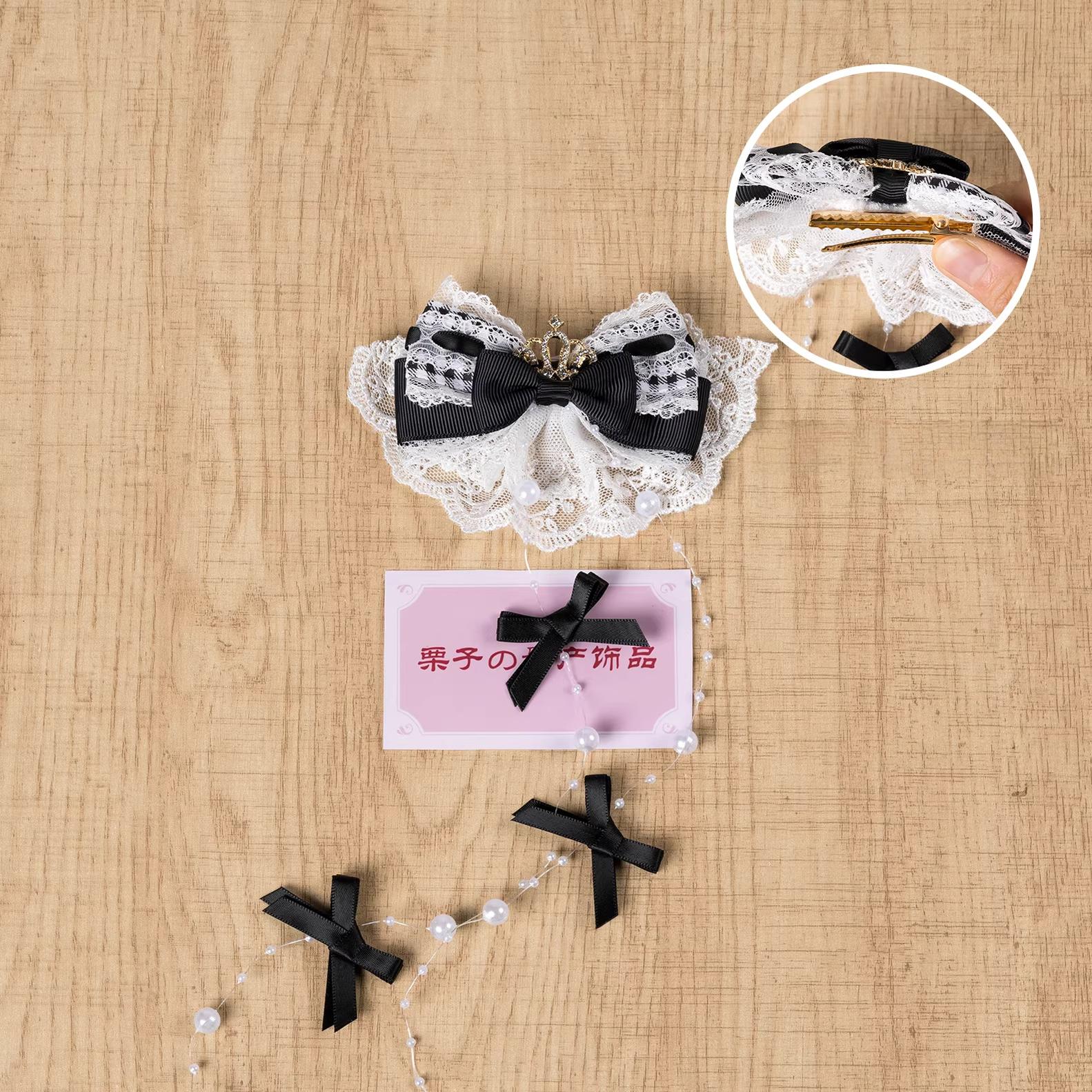 Plaid black Jirai Kei hair clip with checkered bow pattern, delicate lace trim, and pearl chain bows - left-facing opening