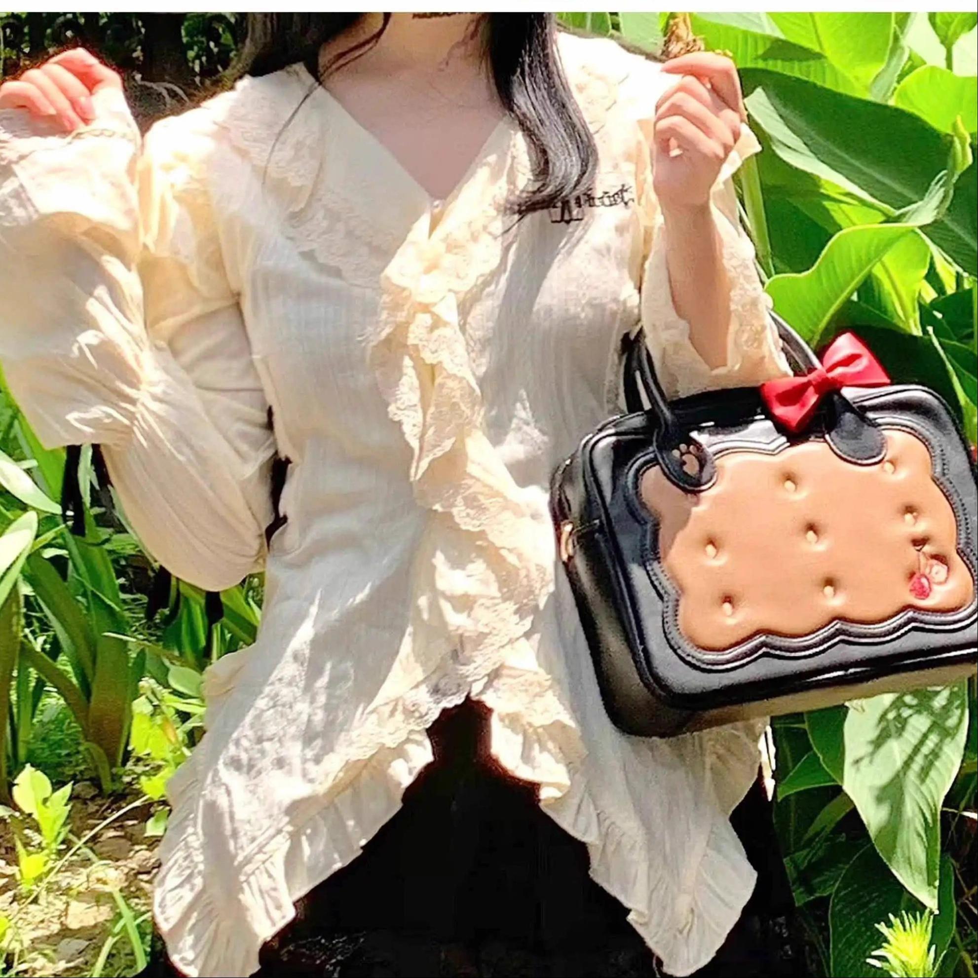Cherry bear cookie Jirai Kei bag size comparison scale shown with everyday items for dimension reference