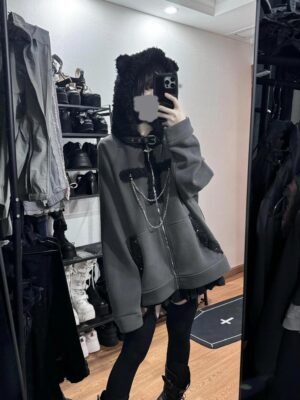 Gray cat ear hoodie jacket with neck buckle strap and fuzzy hood detail, silver chain embellishments, Jirai Kei subculture fashion statement piece