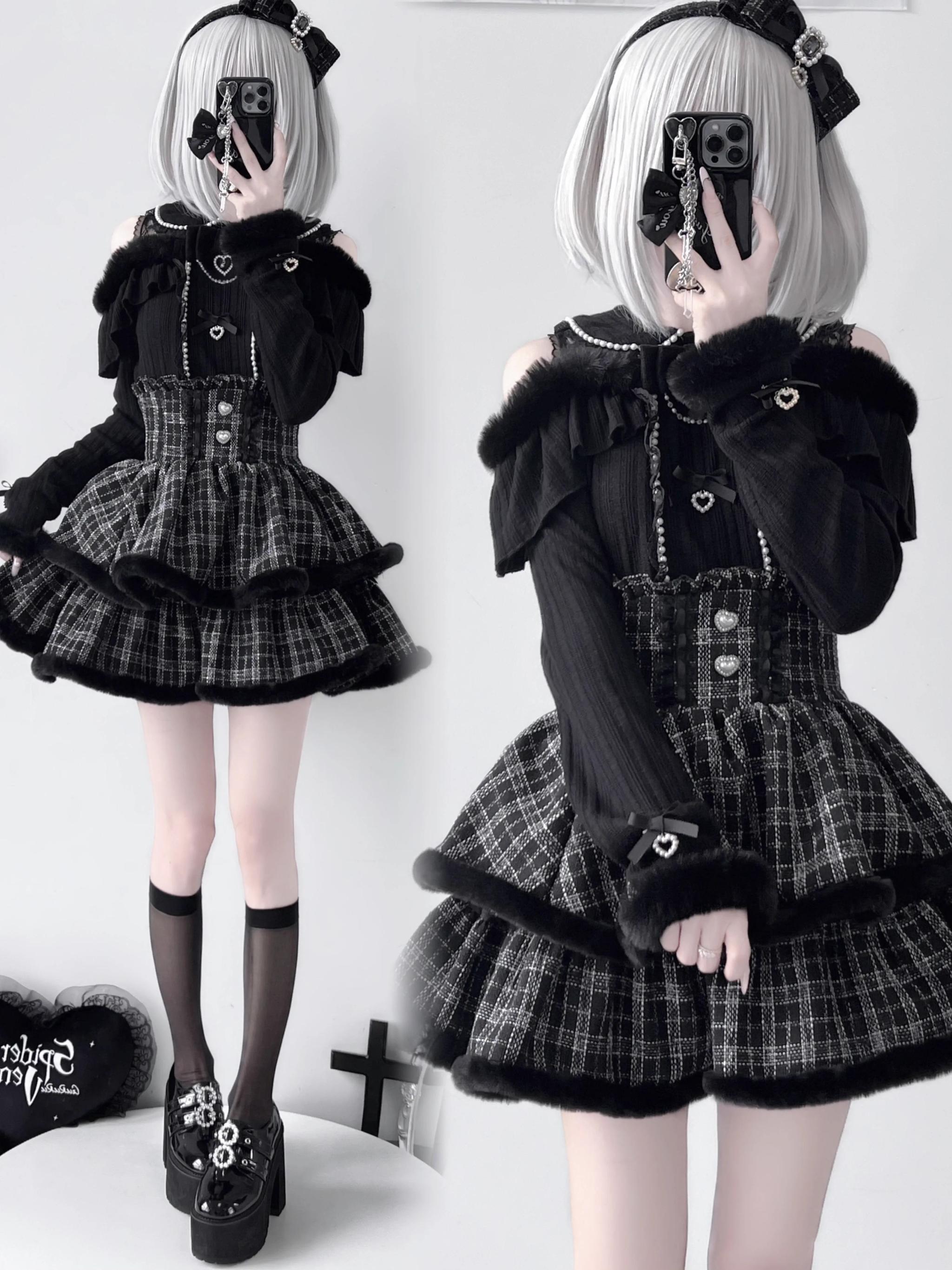 Side by side styling black plaid tiered Jirai Kei skirt with platform black boots off-shoulder top mirror view