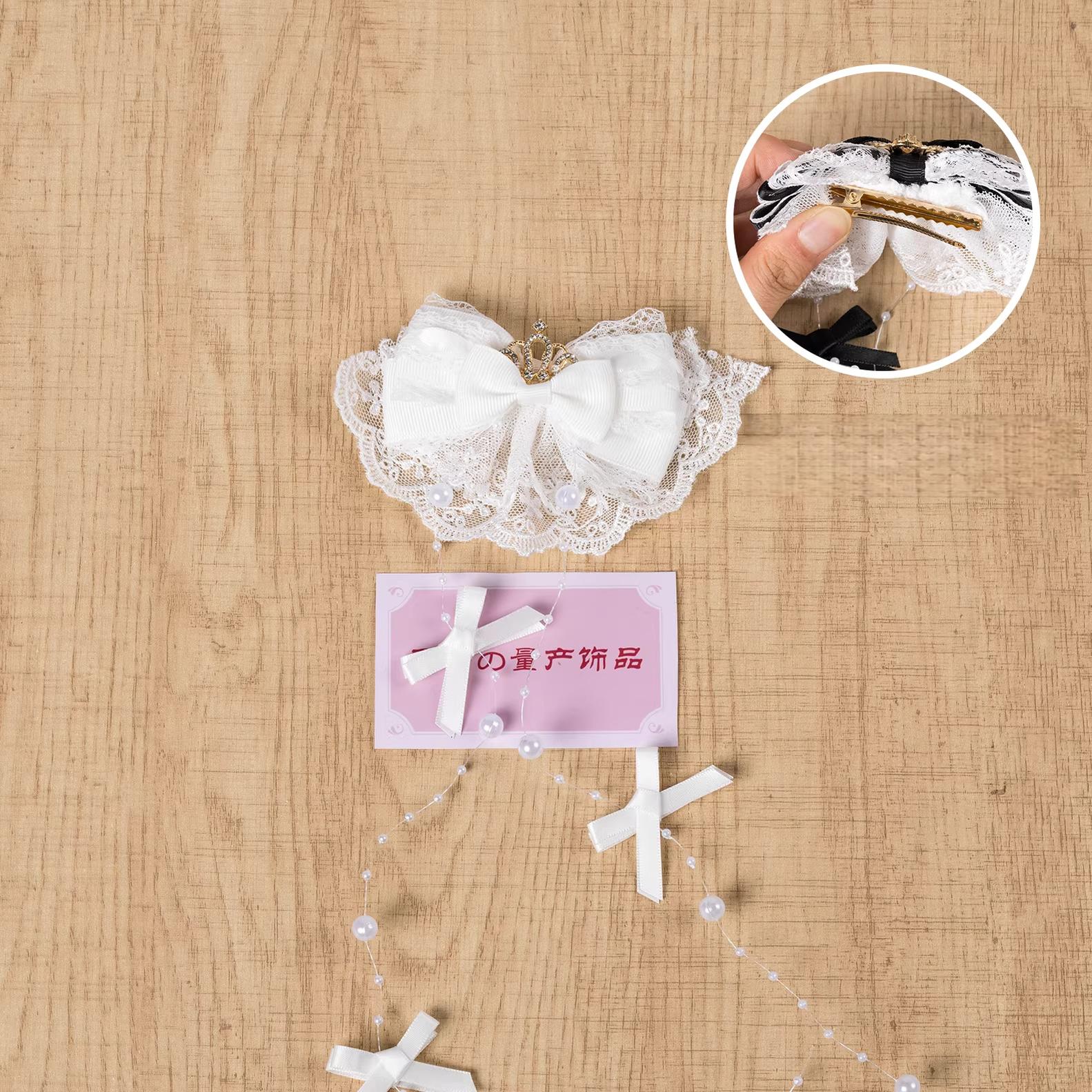 Pure white Jirai Kei hair clip featuring pristine lace bow, sparkling crown decoration, and pearl chain - right-facing opening