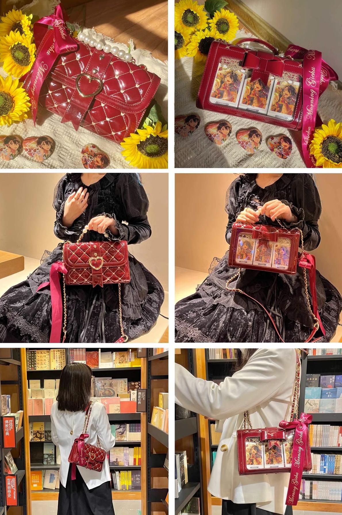 Model wearing jirai kei quilted crossbody ita bag with heart lock detail in daily casual outfit suitable for lolita and alternative fashion