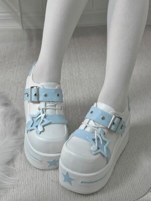 Jirai Kei platform shoes white baby blue pentagram musical note decoration low angle front view model white sheer stockings