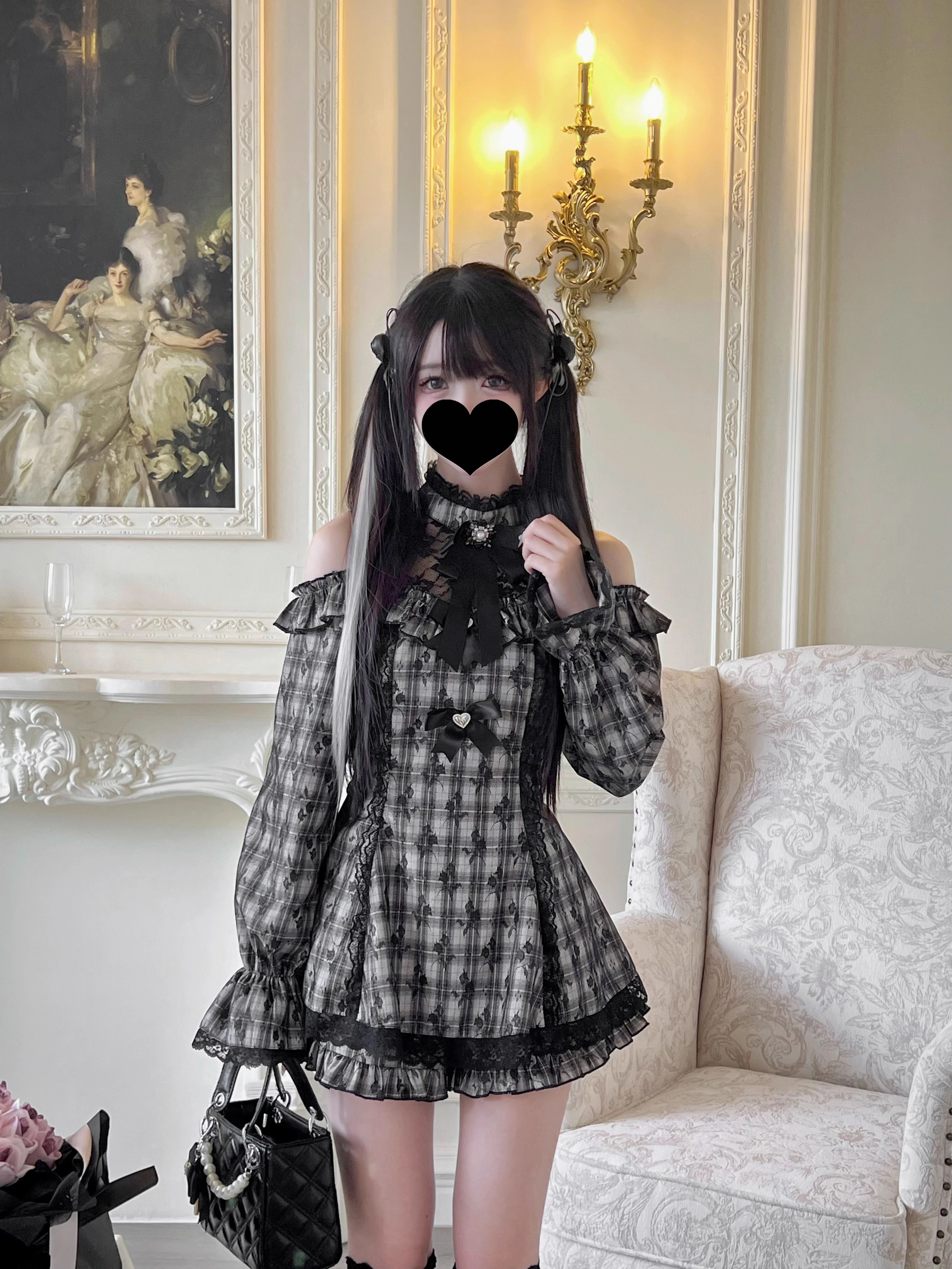 Grey plaid Jirai Kei off-shoulder dress shorts set structured fabric architectural design standing view
