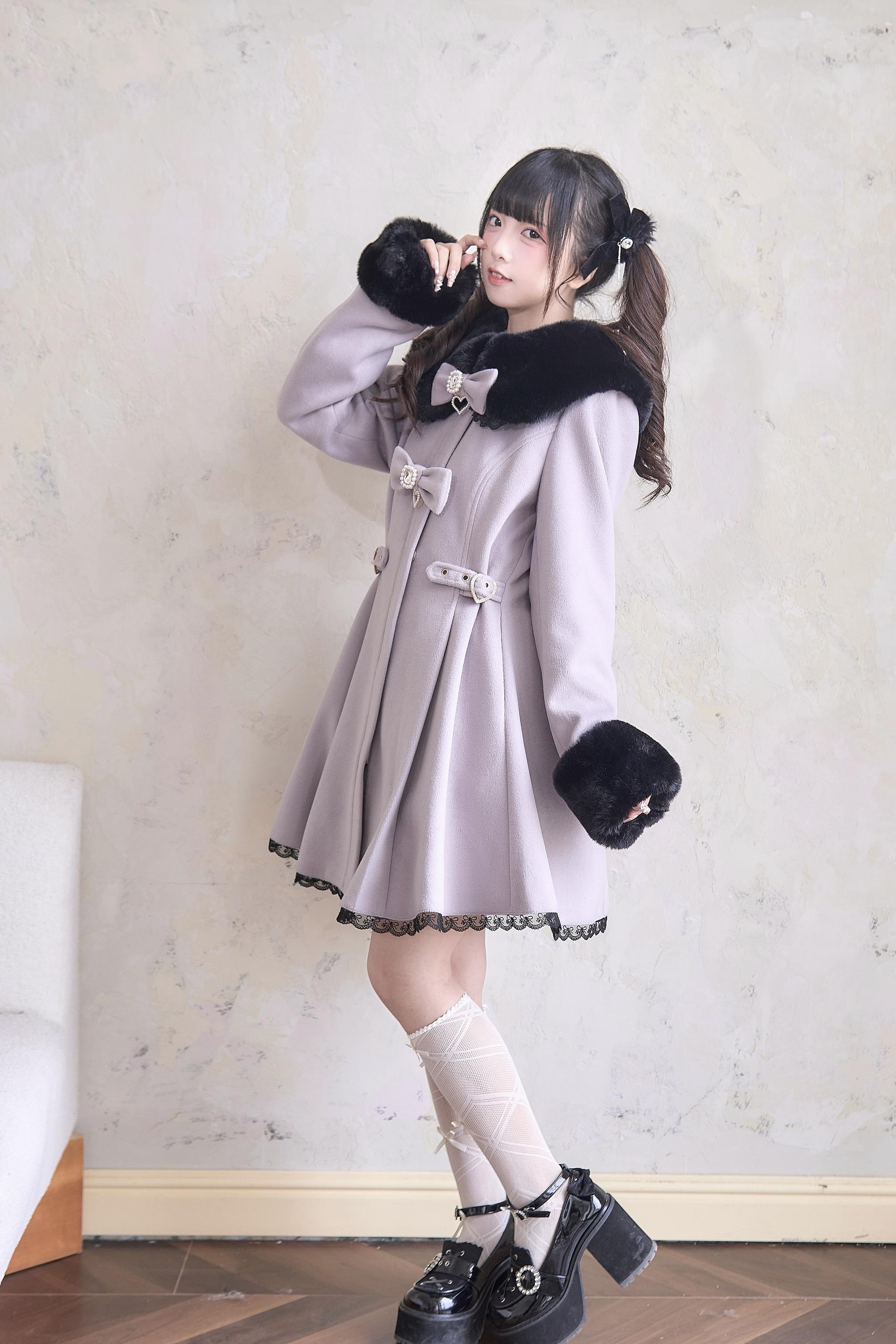 Violet Jirai Kei Winter Coat Side Three-Quarter View Showing Black Fur Collar Cuffs and Lace Hem Details