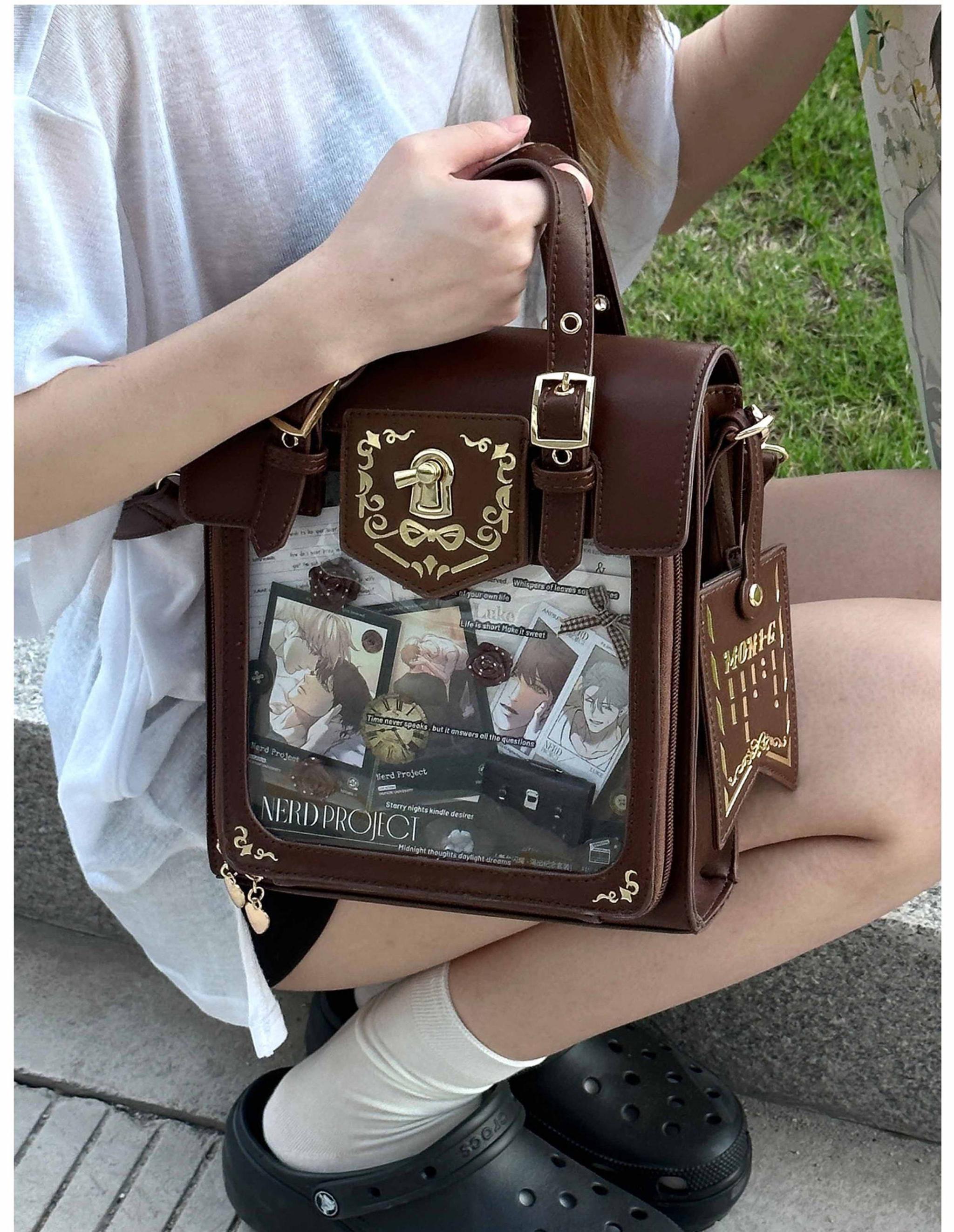 Vintage Jirai Kei ita bag color palette comparison showing multiple colorway options including black, burgundy, brown, dark blue, green, mustard yellow, and white leather variations