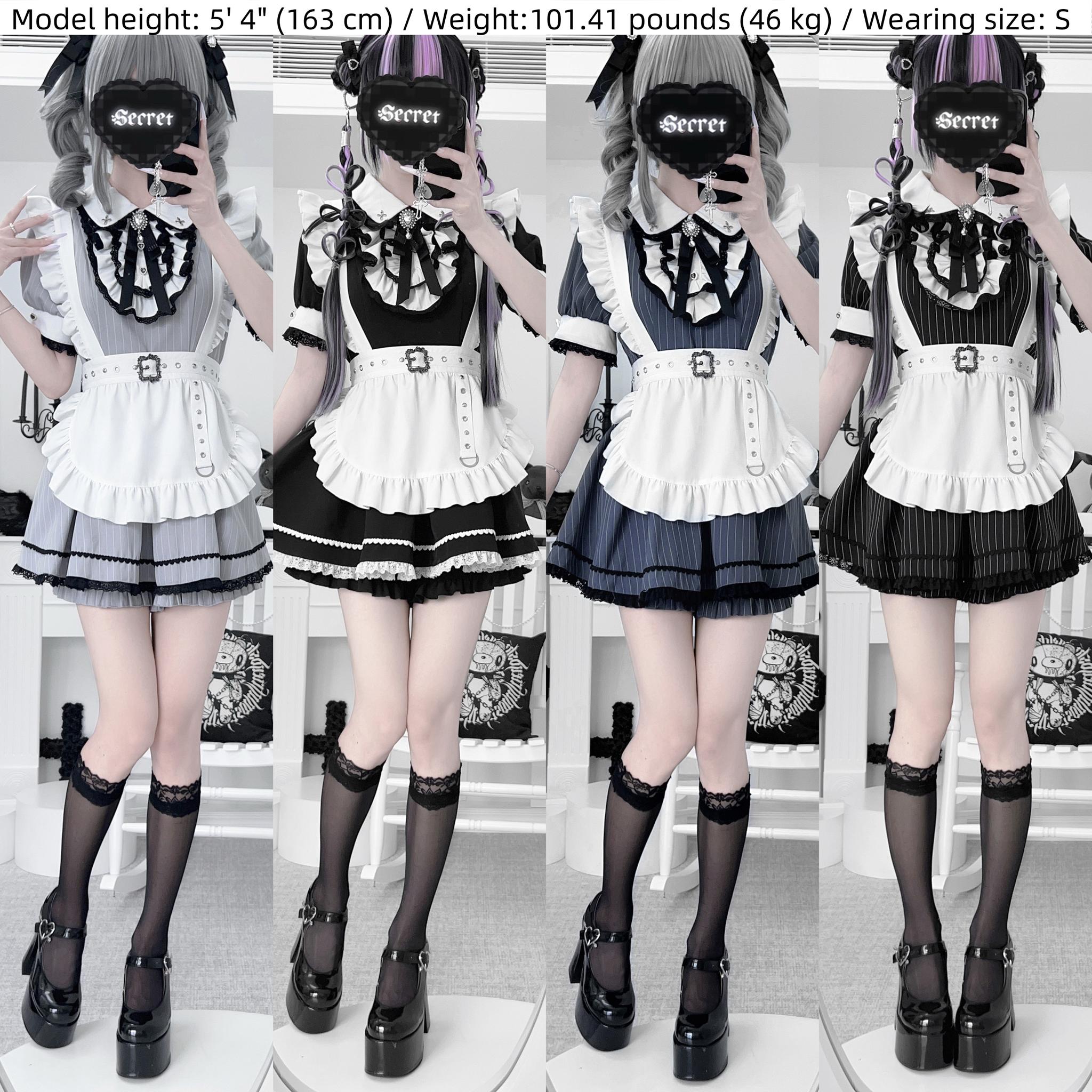 Maid apron Jirai Kei flutter sleeves detachable waist tie buckle accent sizing chart